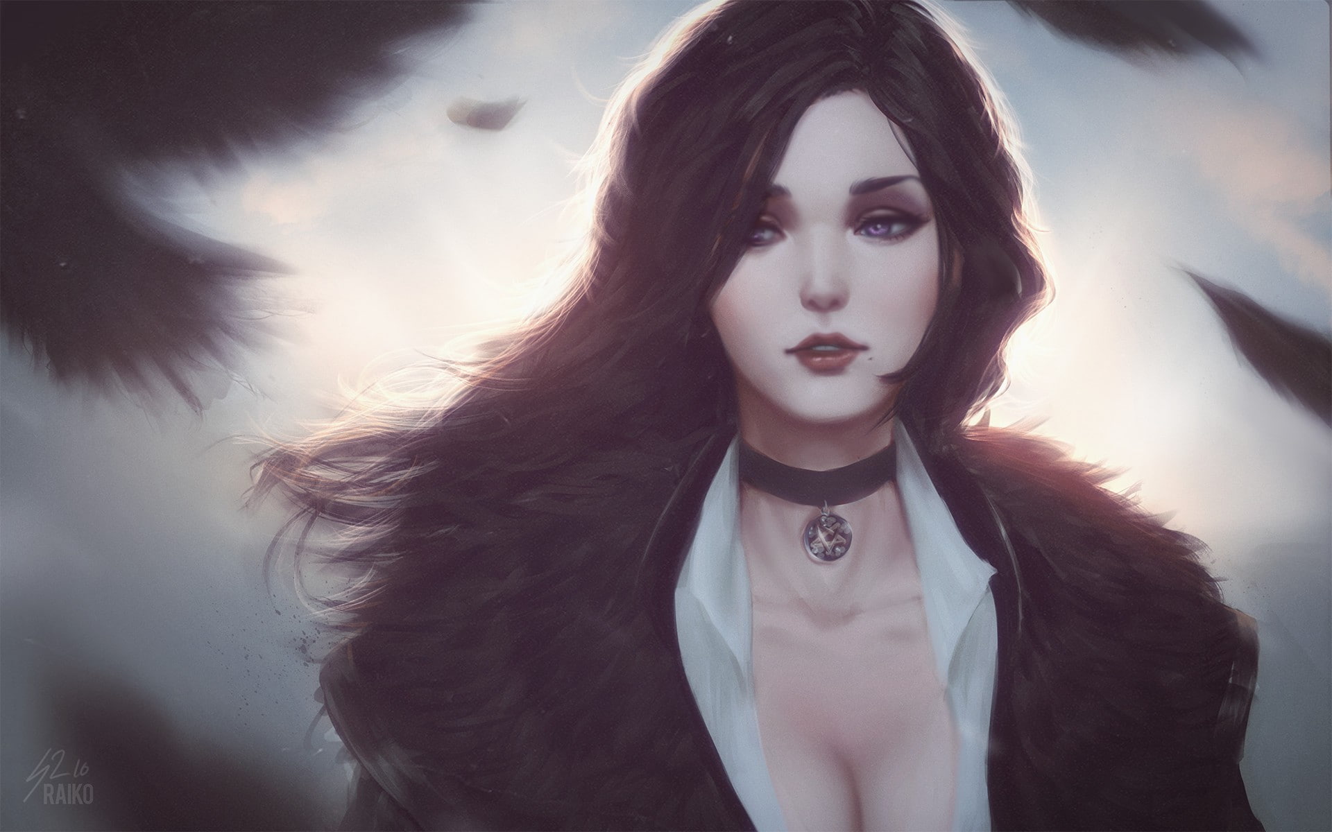 portrait, cleavage, Yennefer of Vengerberg, dark hair, The Witcher, The Witcher 3: Wild Hunt, witch, fan art, crow, 1080P, HD Wallpaper