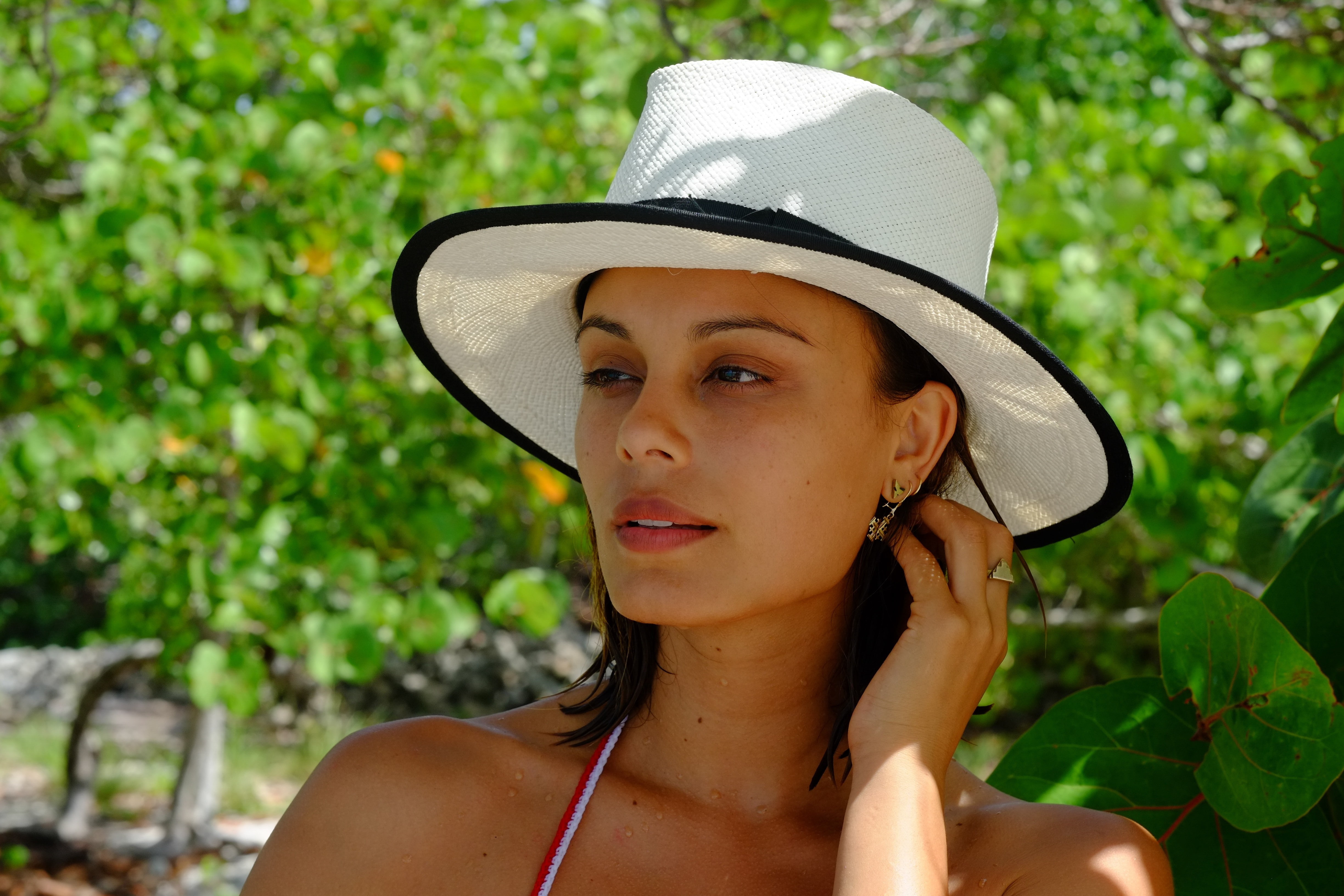 model, day, sun hat, real people, adult, actress, plant, millinery, teenager, front view, looking away, headshot, Nathalie Kelley, beautiful woman, clothing, HD Wallpaper