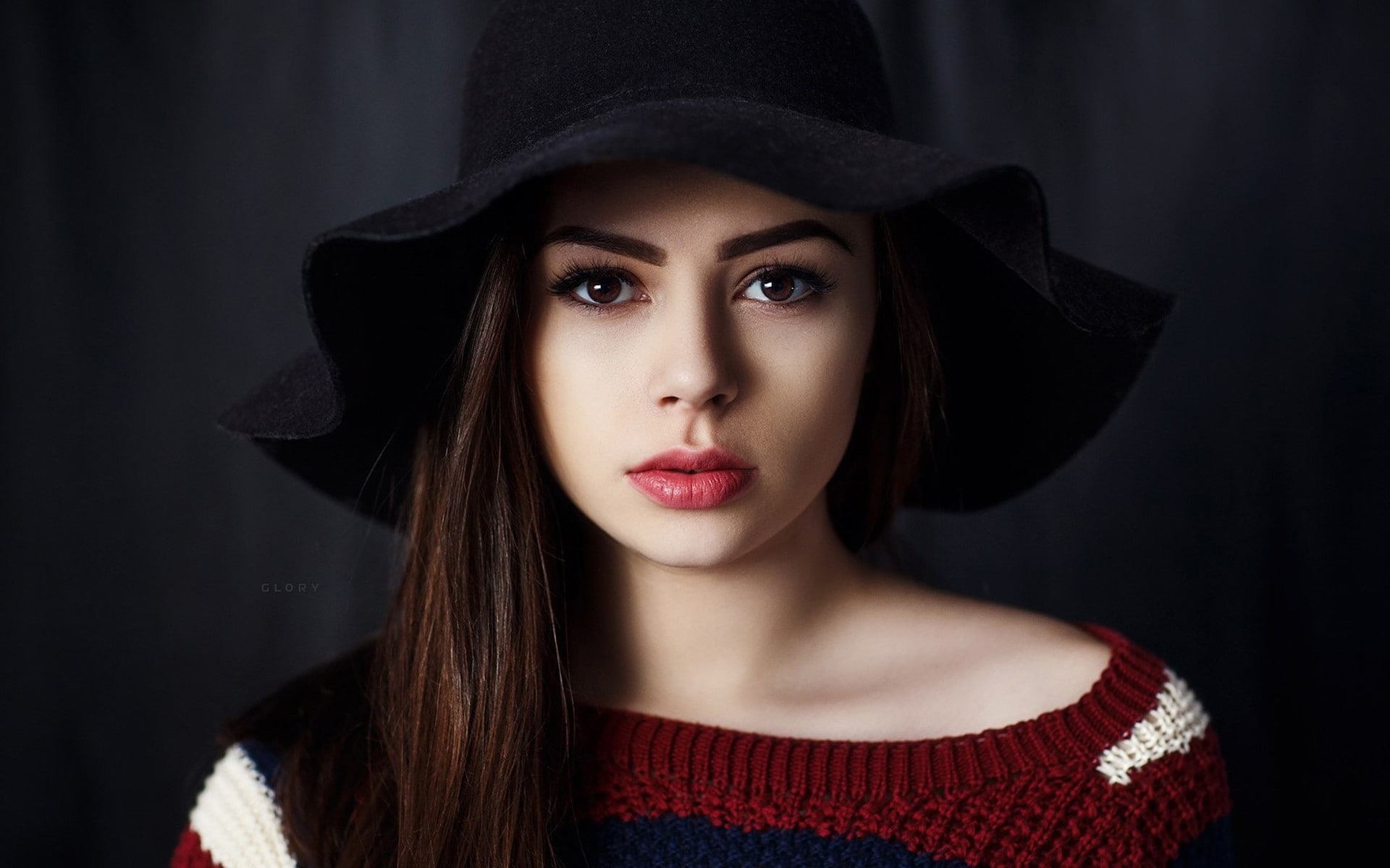 face, portrait, 1080P, millinery, brunette, looking at viewer, women, hat, brown eyes, HD Wallpaper
