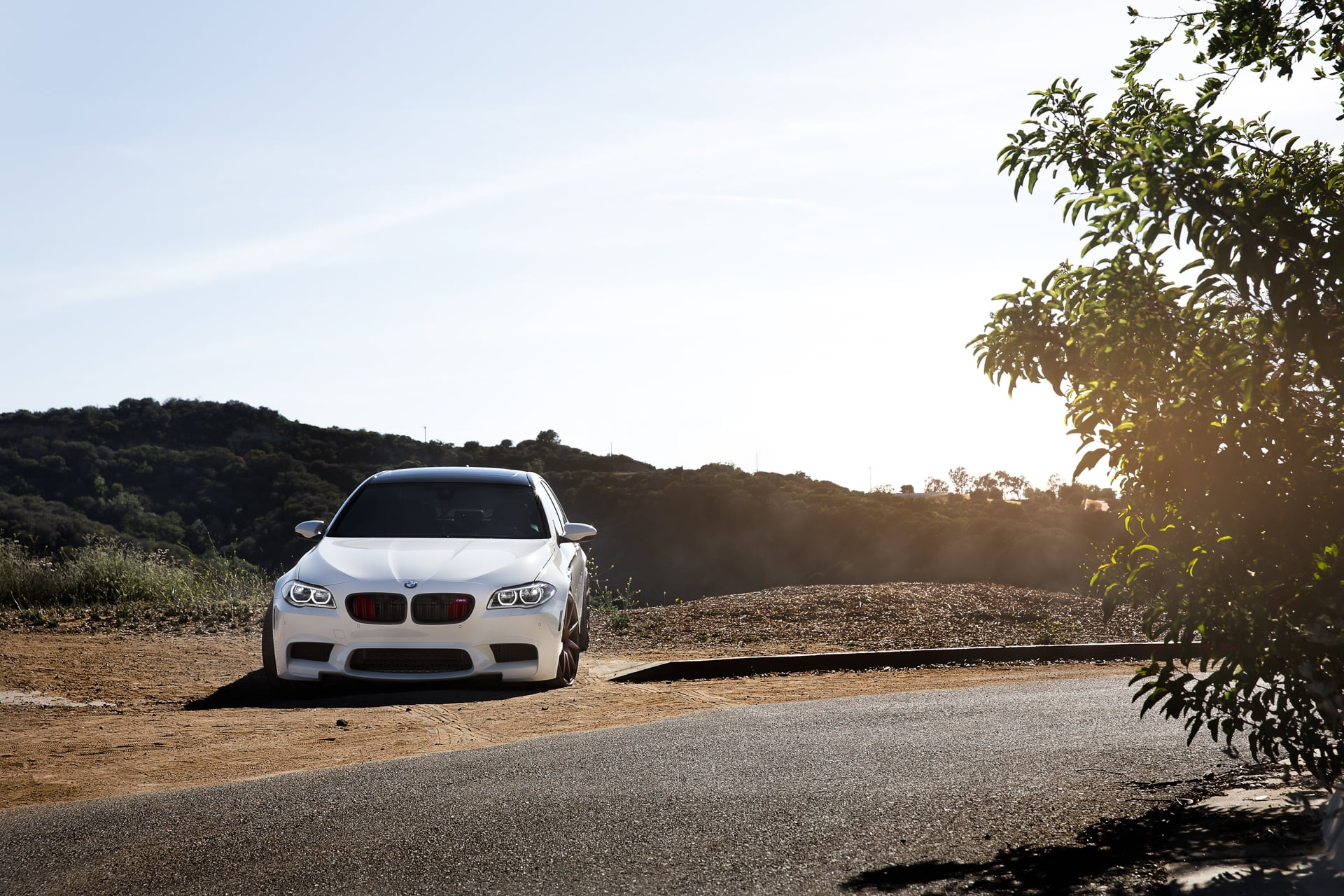 tree, landscape, road, car, direction, tinted, BMW, 1080P, motor vehicle, nature, two people, sky, transportation, dirt, white, sunlight, day, plant, dirt road, HD Wallpaper