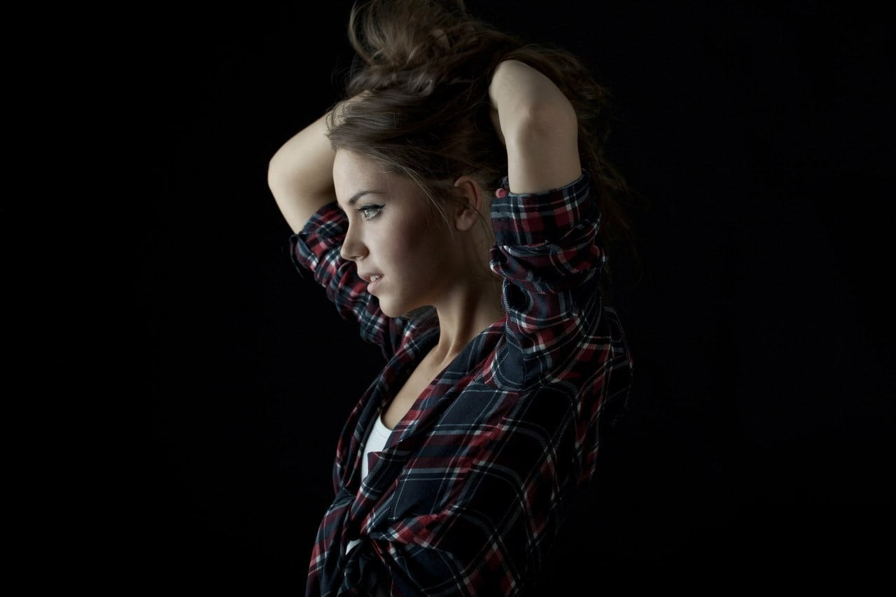 headshot, black background, profile, studio shot, checked pattern, long hair, adolescence, model, looking away, plaid shirt, adult, teenager, Ksenia Kokoreva, HD Wallpaper