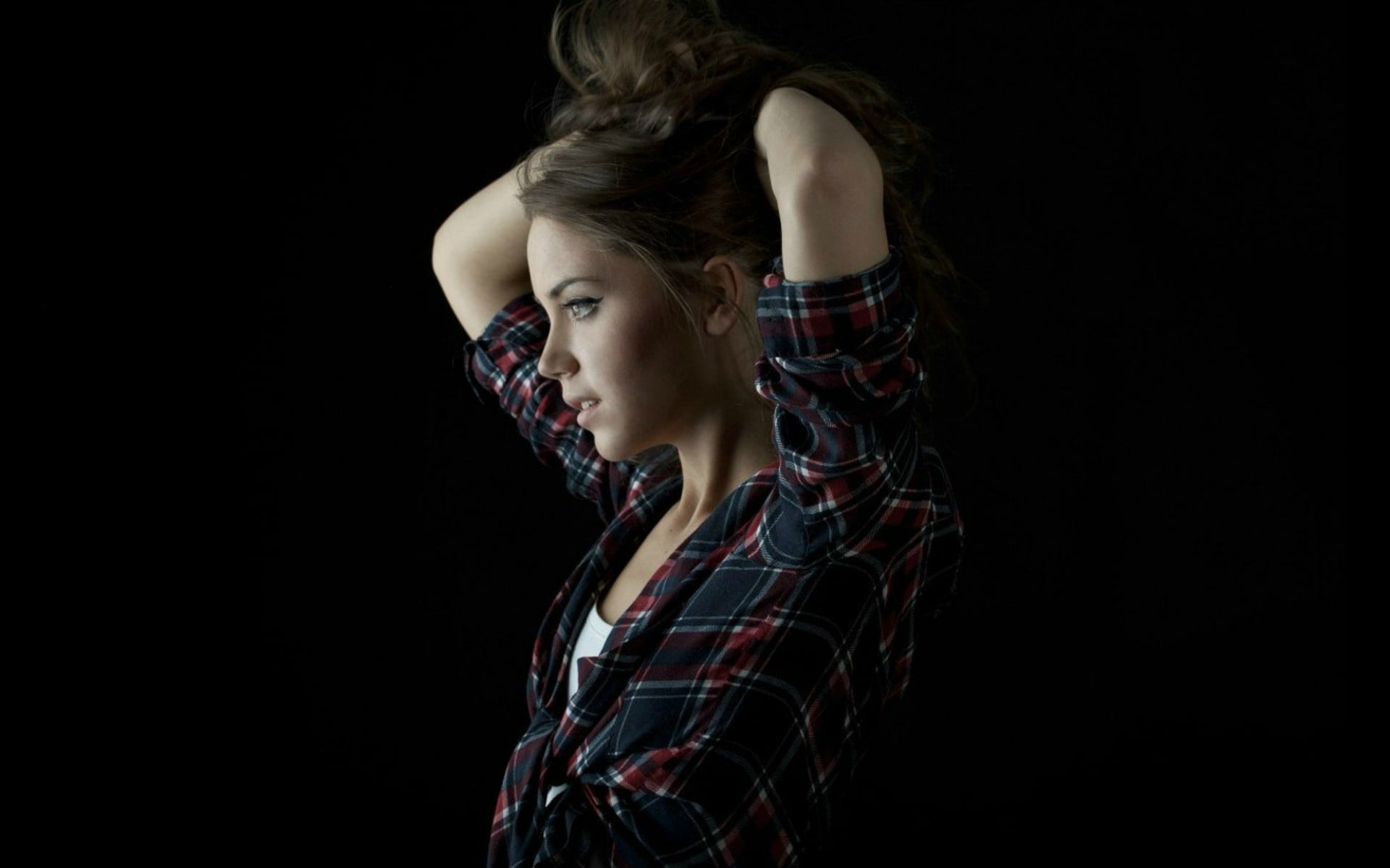 beauty, adult, face, profile, long hair, simple background, copy space, indoors, profile view, studio shot, women, hairstyle, black background, portrait, HD Wallpaper