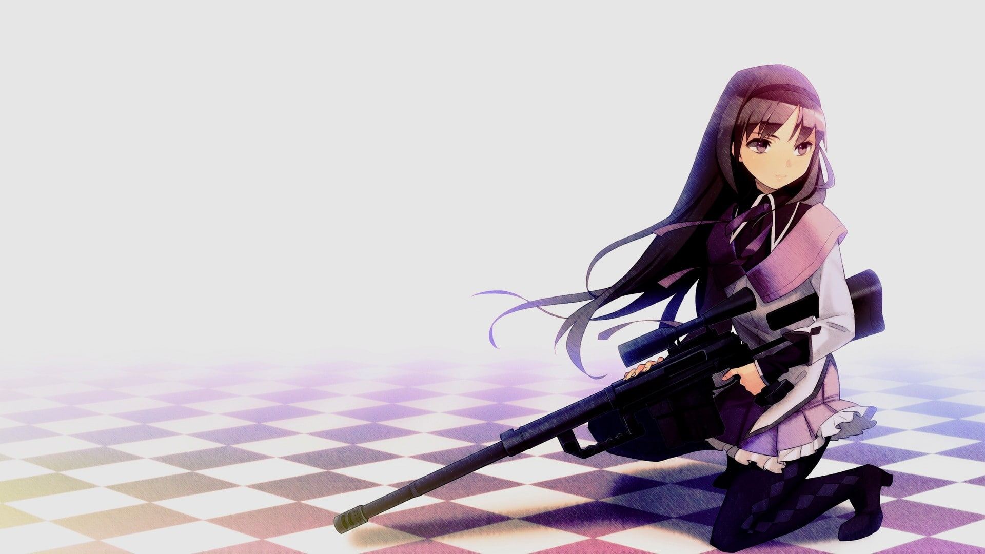 gun, anime, anime girls, purple, copy space, long hair, technology, young women, headscarf, Mahou Shoujo Madoka Magica, tiled floor, women, one person, HD Wallpaper