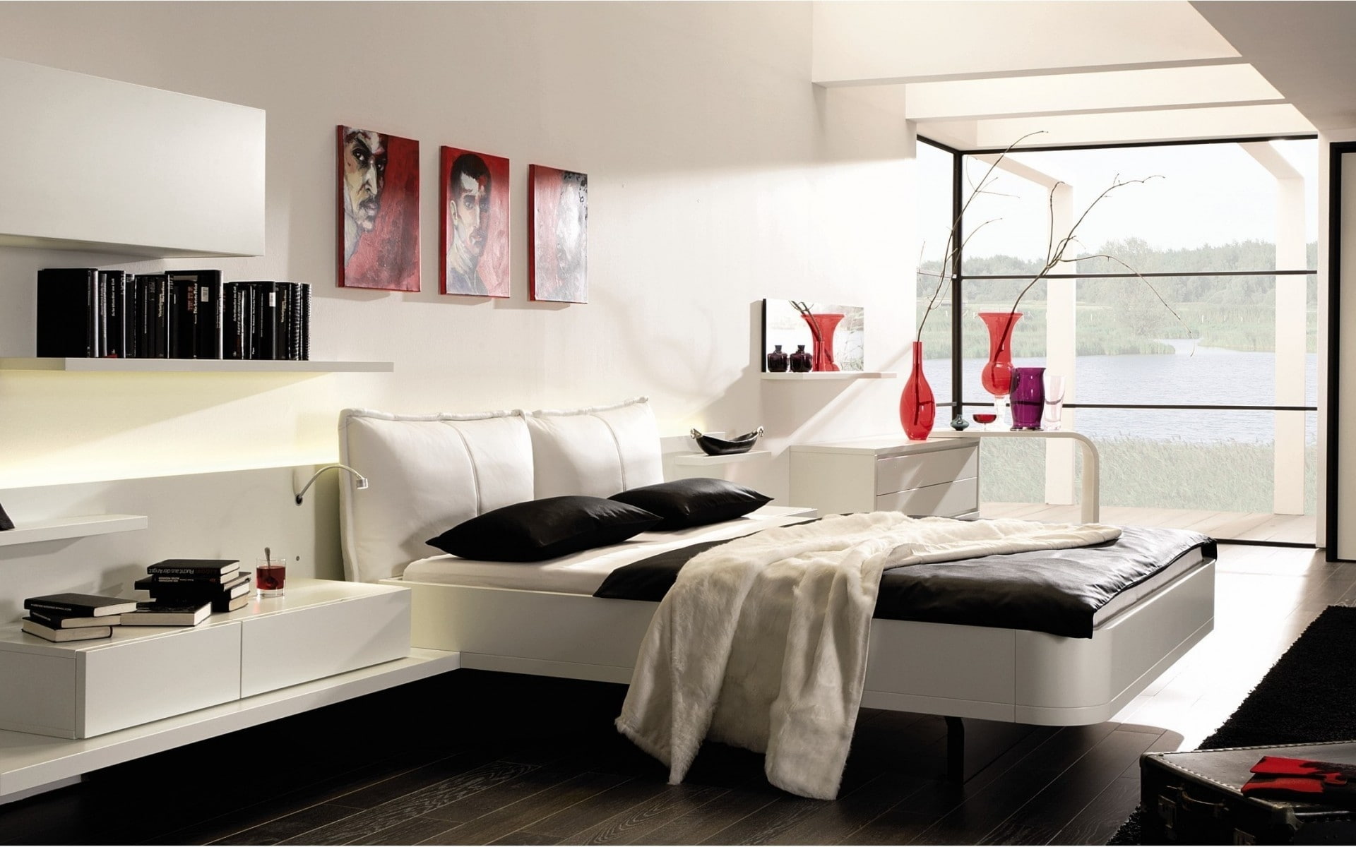 1080P, room design, white, furniture, interior design, bedroom, black, HD Wallpaper