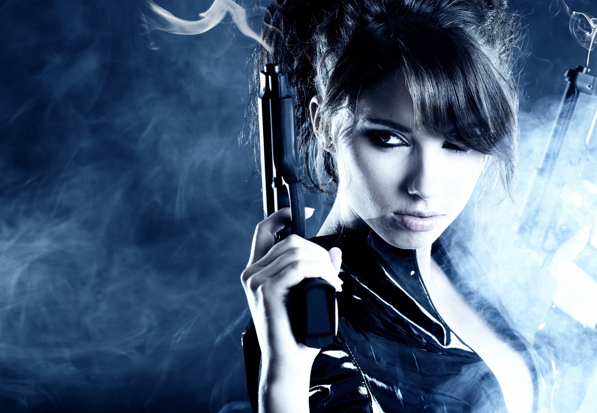 adult, studio shot, looking at camera, one person, gun, indoors, holding, beauty, real people, girls with guns, women, bangs, front view, smoke - physical structure, HD Wallpaper