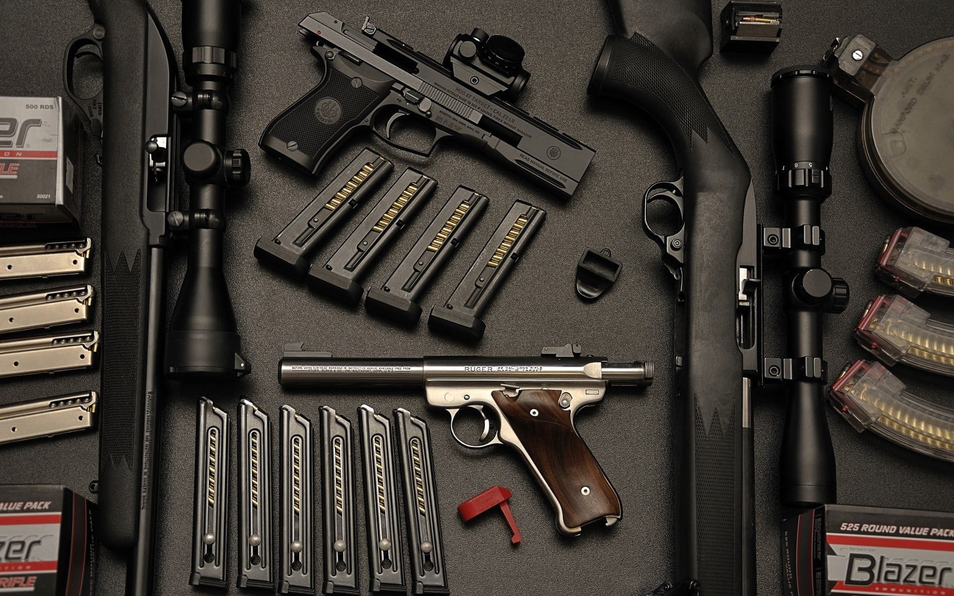 still life, variation, table, large group of objects, high angle view, 1080P, choice, abundance, arrangement, Ruger, communication, no people, directly above, HD Wallpaper