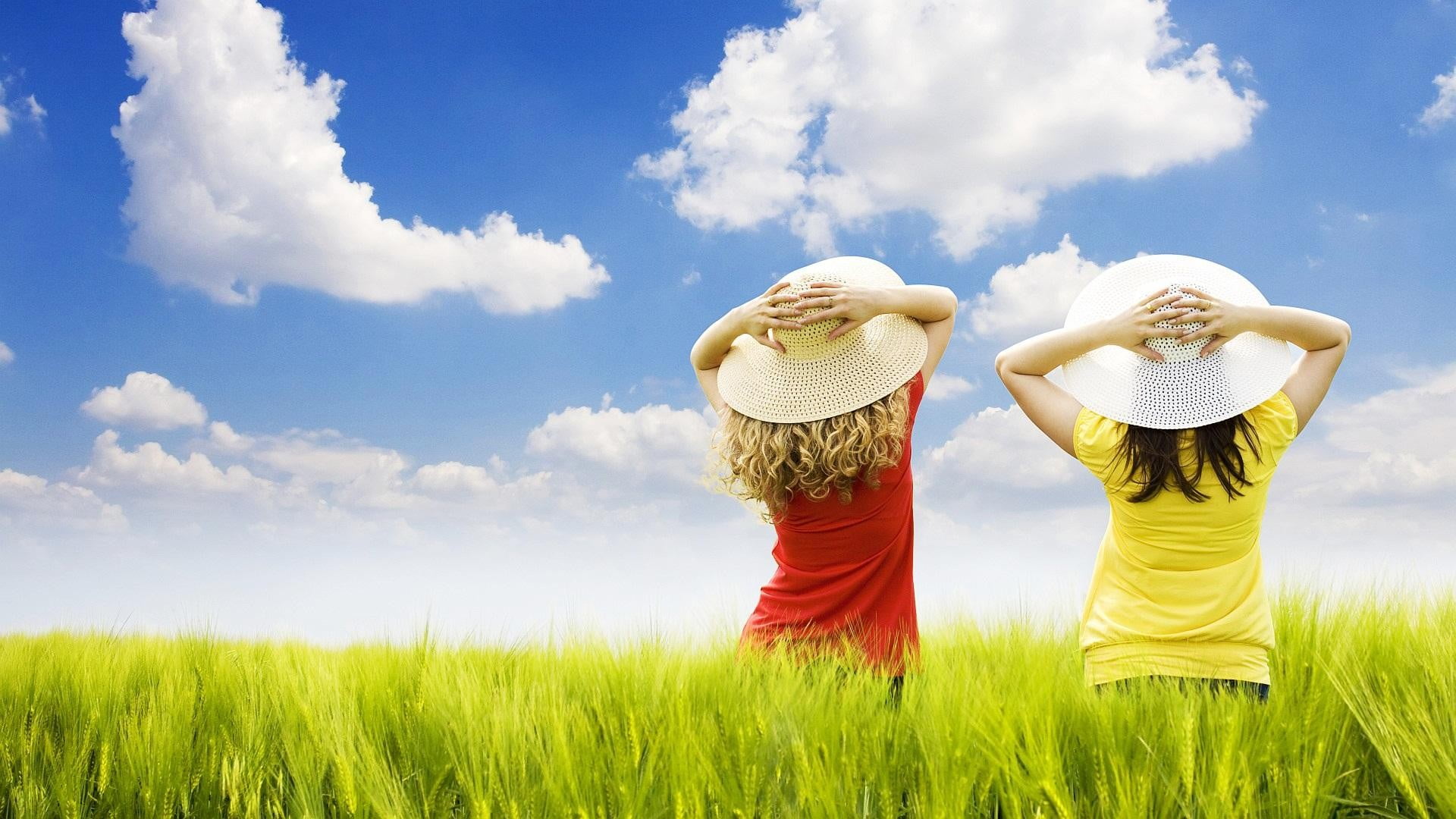field, sleeveless, togetherness, plant, land, rural scene, people, environment, sky, black, cloud - sky, two people, children, landscape, yellow, human arm, HD Wallpaper