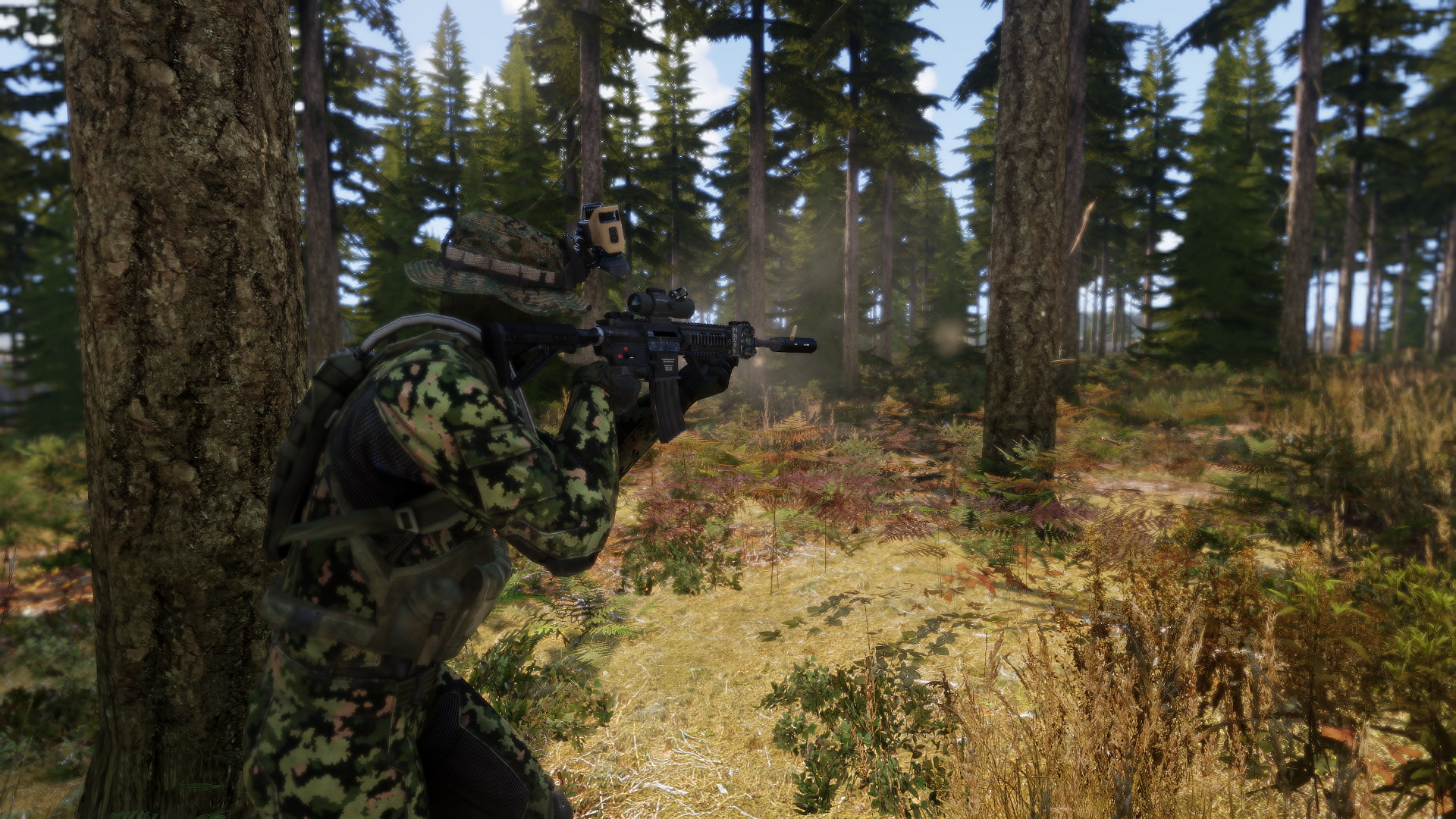 rifle, tree trunk, day, 1080P, armed forces, real people, video games, trunk, camouflage clothing, military, land, plant, government, tree, aiming, weapon, HD Wallpaper