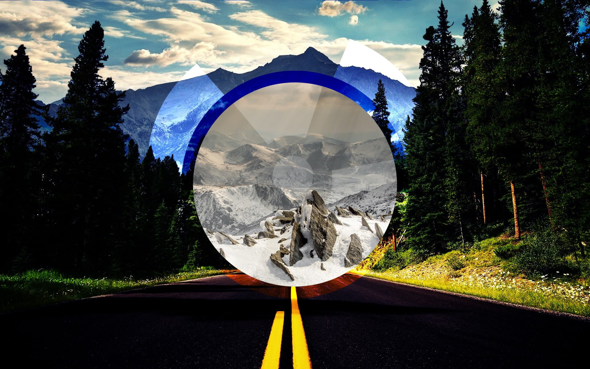 no people, plant, sign, trees, nature, landscape, tranquil scene, 1080P, circle, day, road, asphalt, sky, road marking, cloud - sky, symbol, snowy, marking, HD Wallpaper