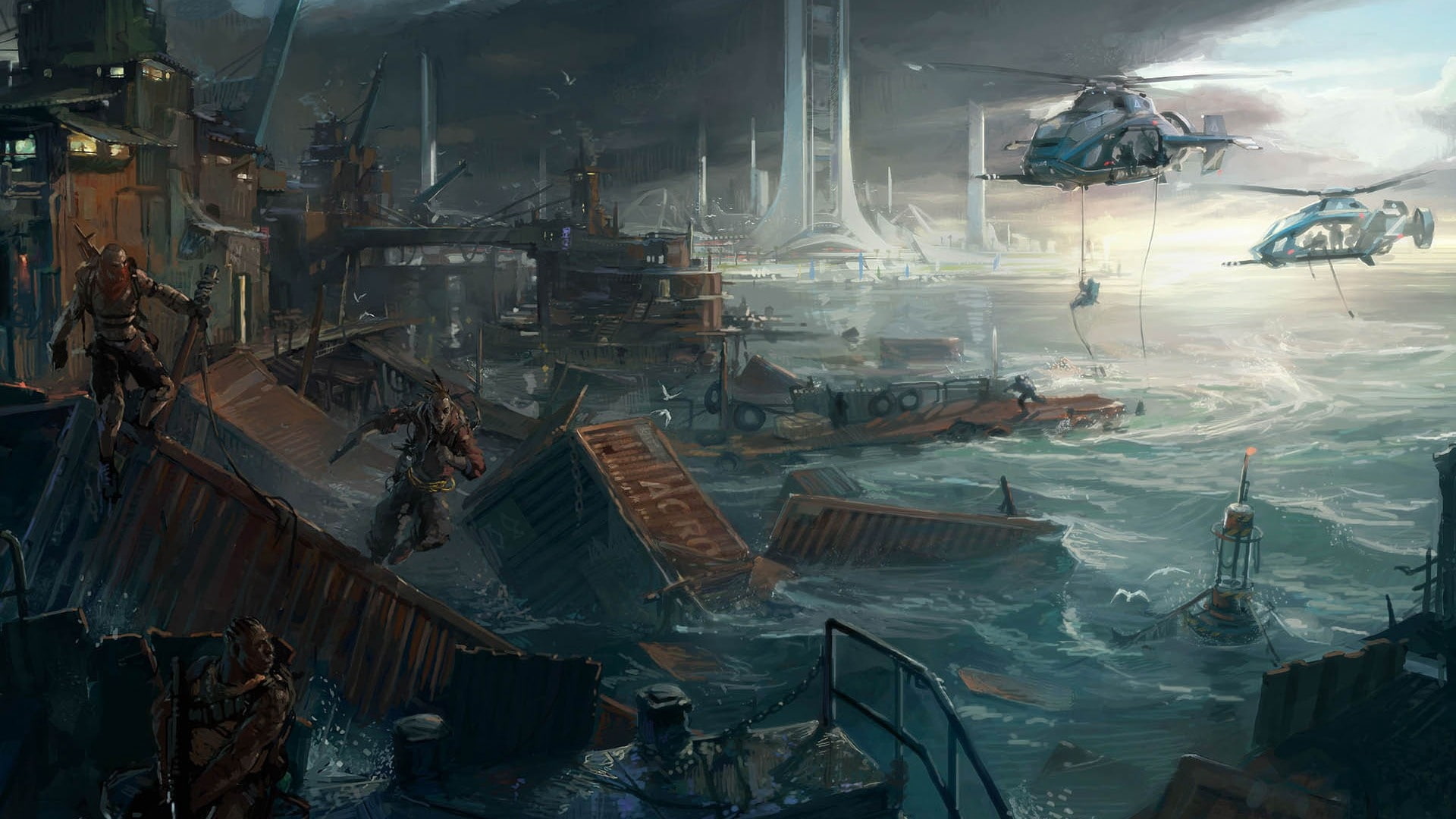 helicopters, brink, sea, 1080P, fan art, city, HD Wallpaper