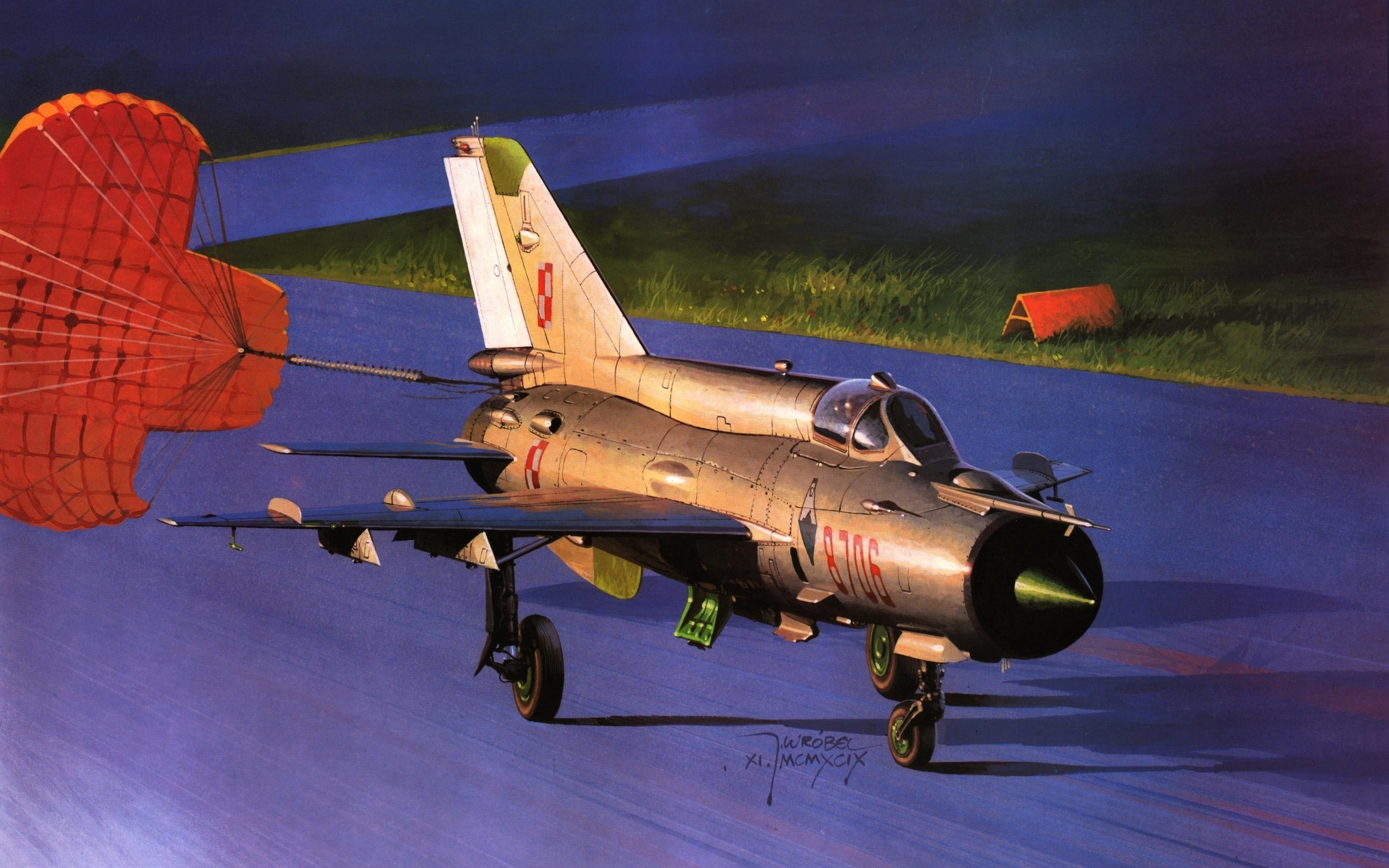 released, landing, a parachute., brake, the plane, multipurpose, The MiG-21, 2K, Soviet, the, fighter, common, combat, art, the world, supersonic, HD Wallpaper