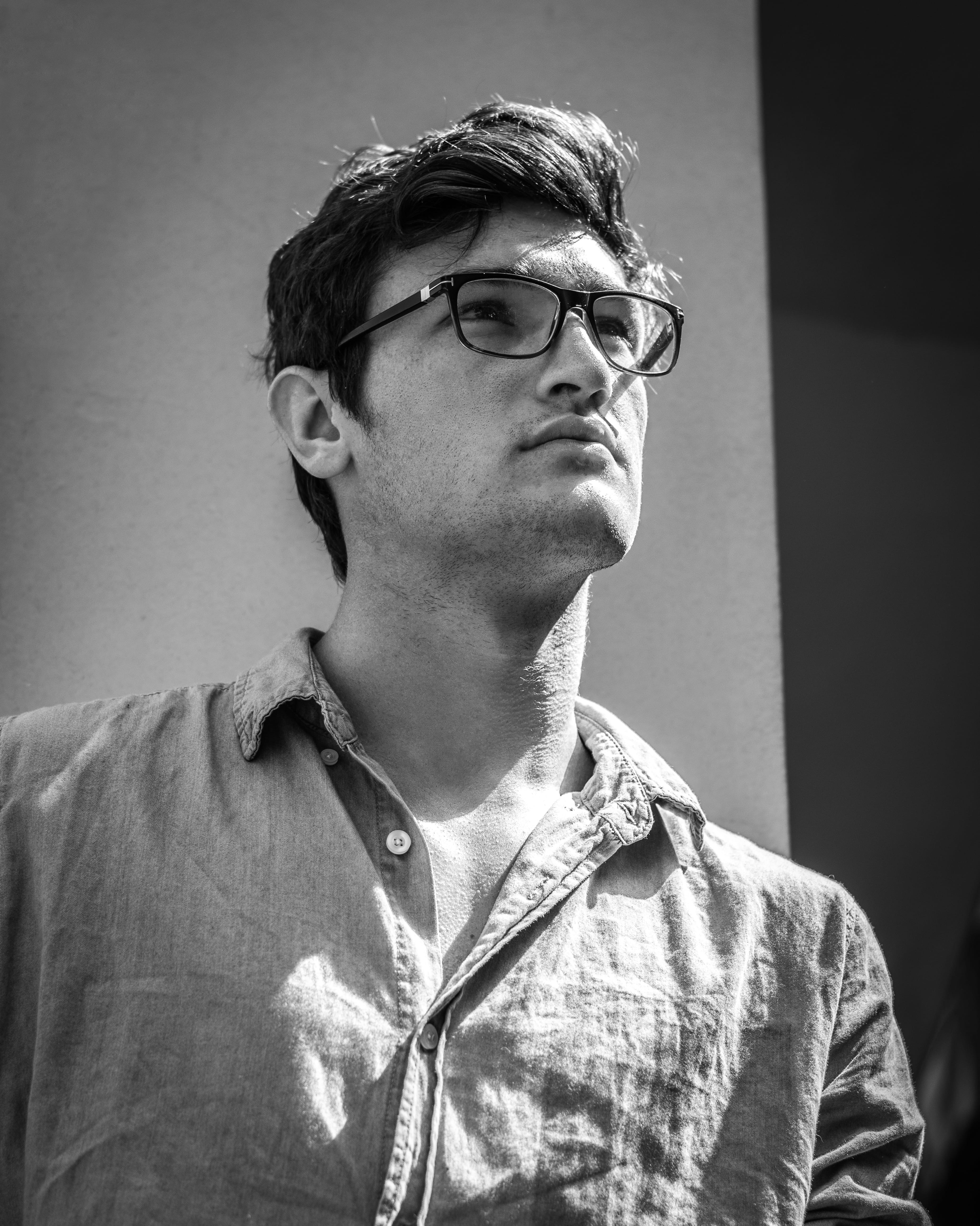 looking, wear, eyeglasses, hairstyle, fine-looking, contemplation, fashion, standing, person, headshot, sunglasses, grayscale, eyewear, male, guy, boy, Phone HD Wallpaper