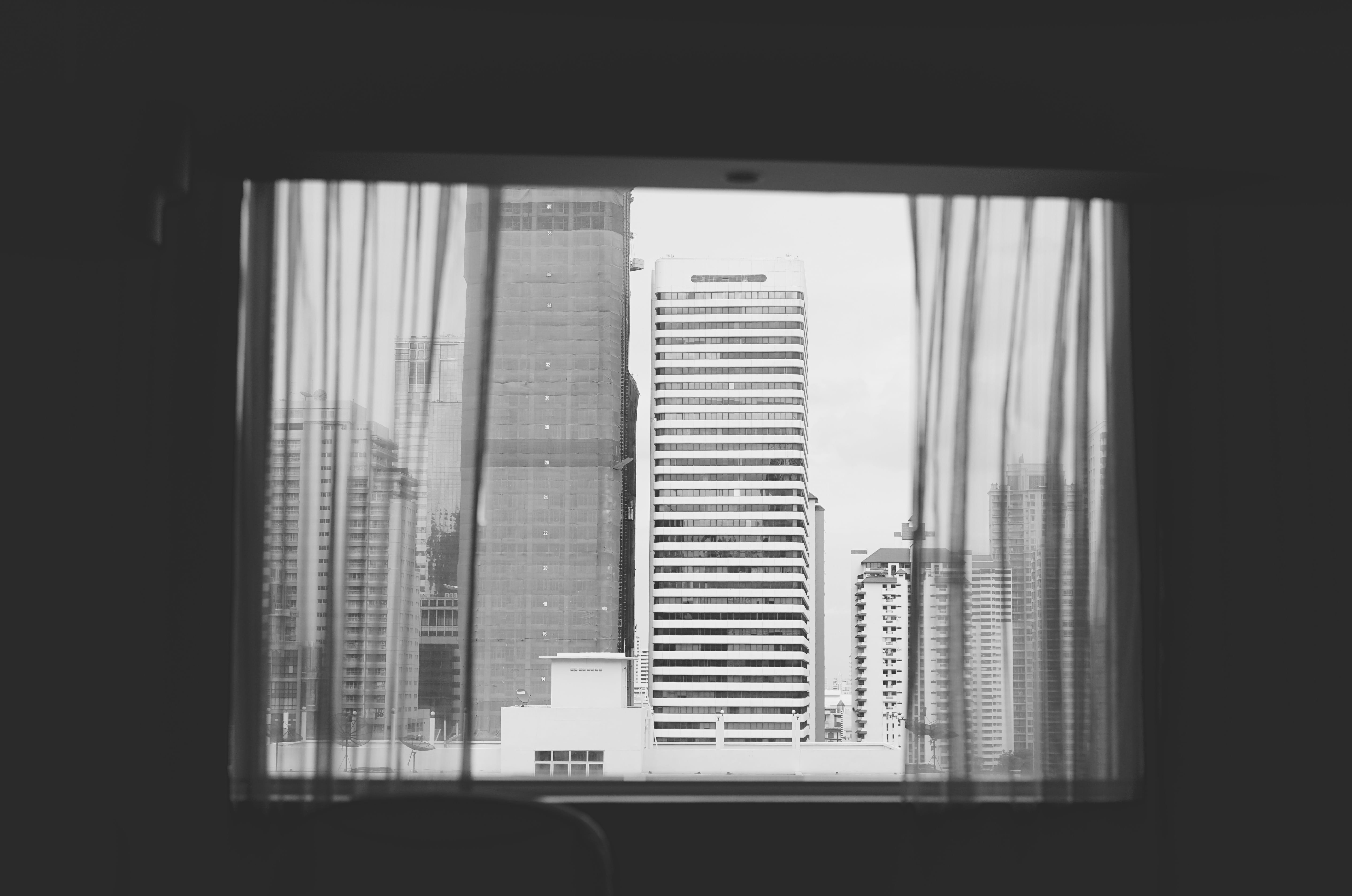downtown District, grayscale, open, indoors, glass - Material, cityscape, architecture, urban Scene, urban, looking out, city, business, building Exterior, HD Wallpaper