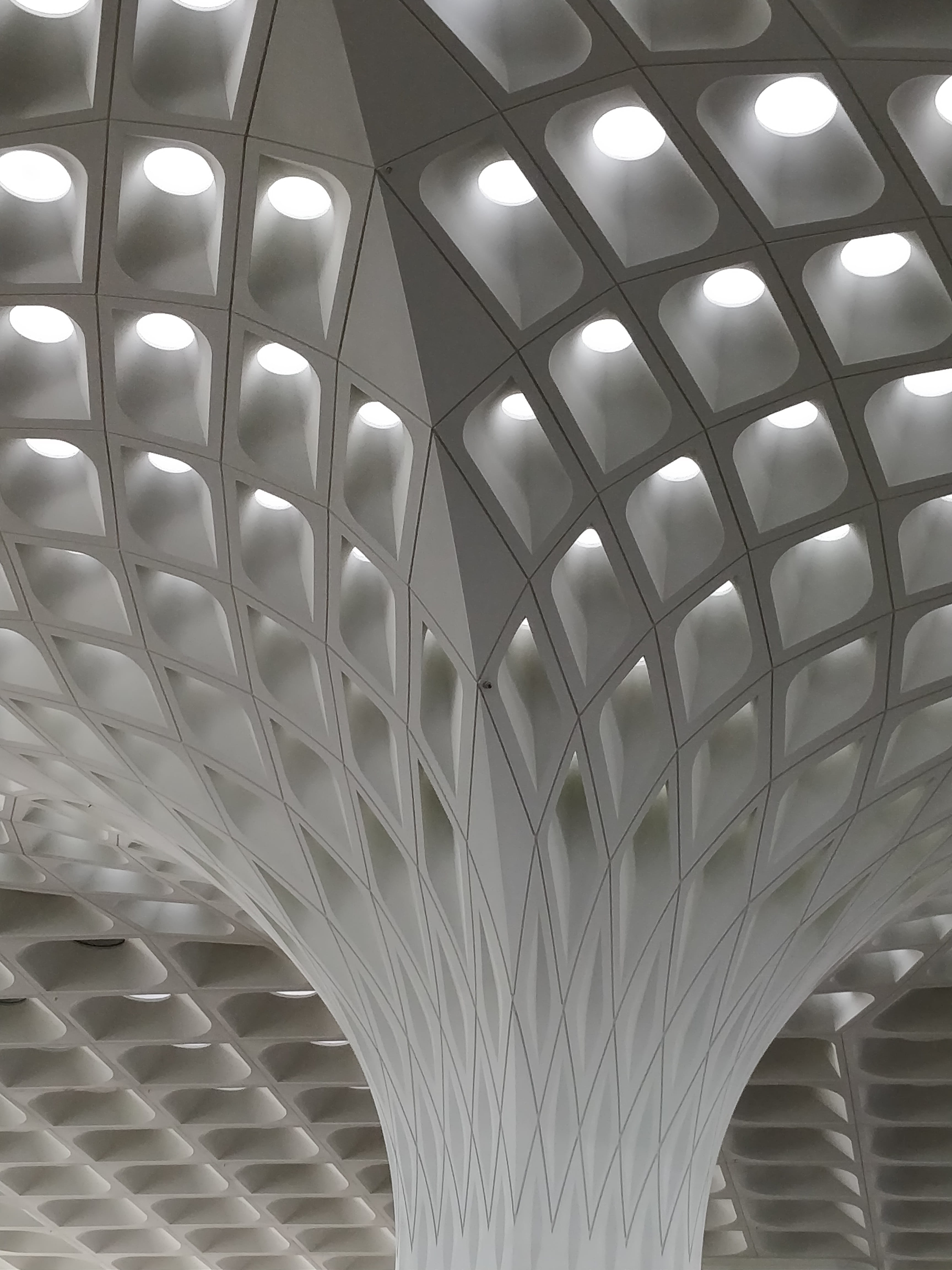 modern, white color, built structure, electricity, 4K, pattern, structure, mumbai, repetition, lighting equipment, e6 - 3010-a, ceiling, interior, airport, Phone HD Wallpaper