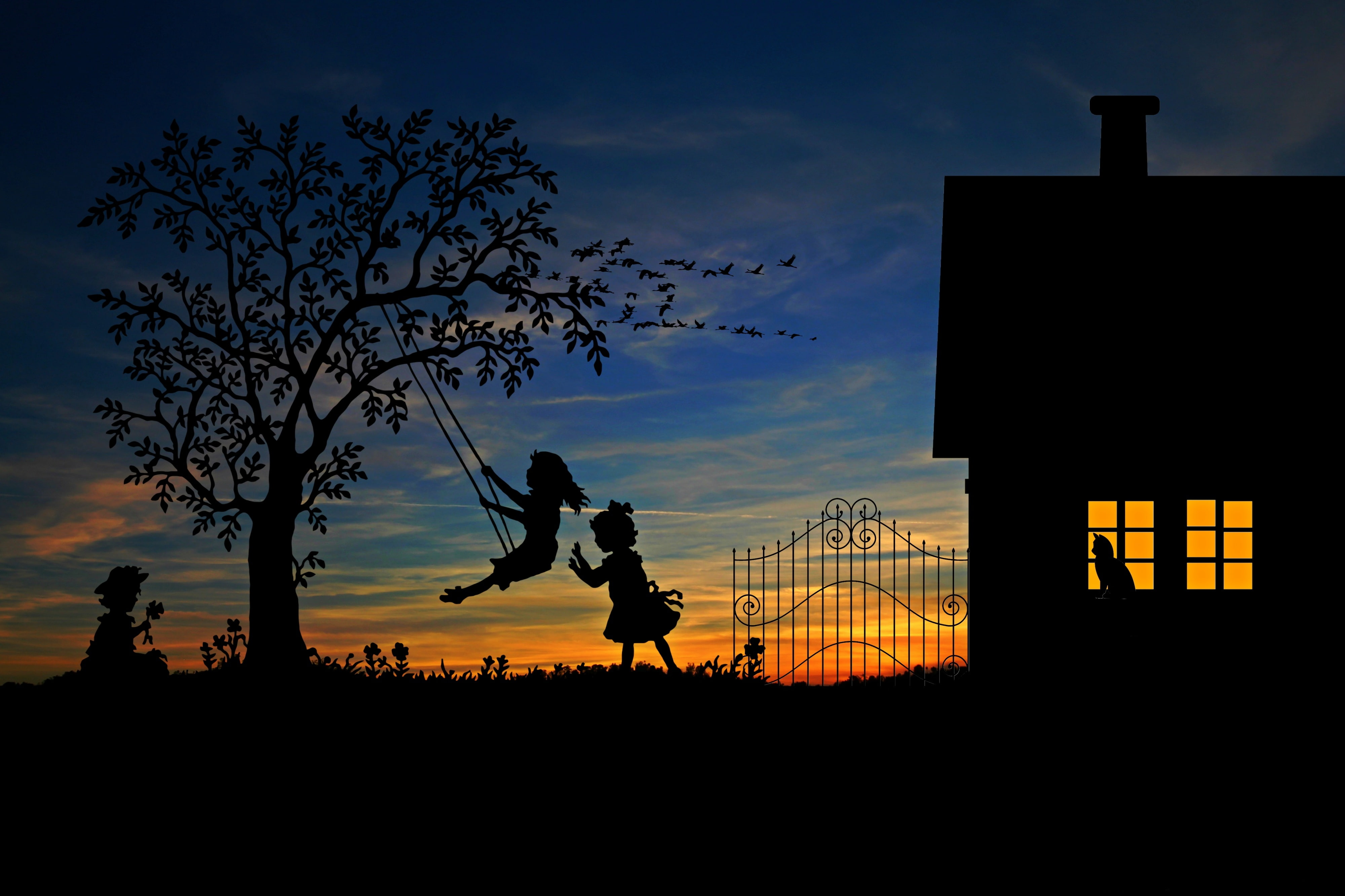Playing kids, Children, 4K, Silhouette, 4K, Sunset, Girls, HD Wallpaper
