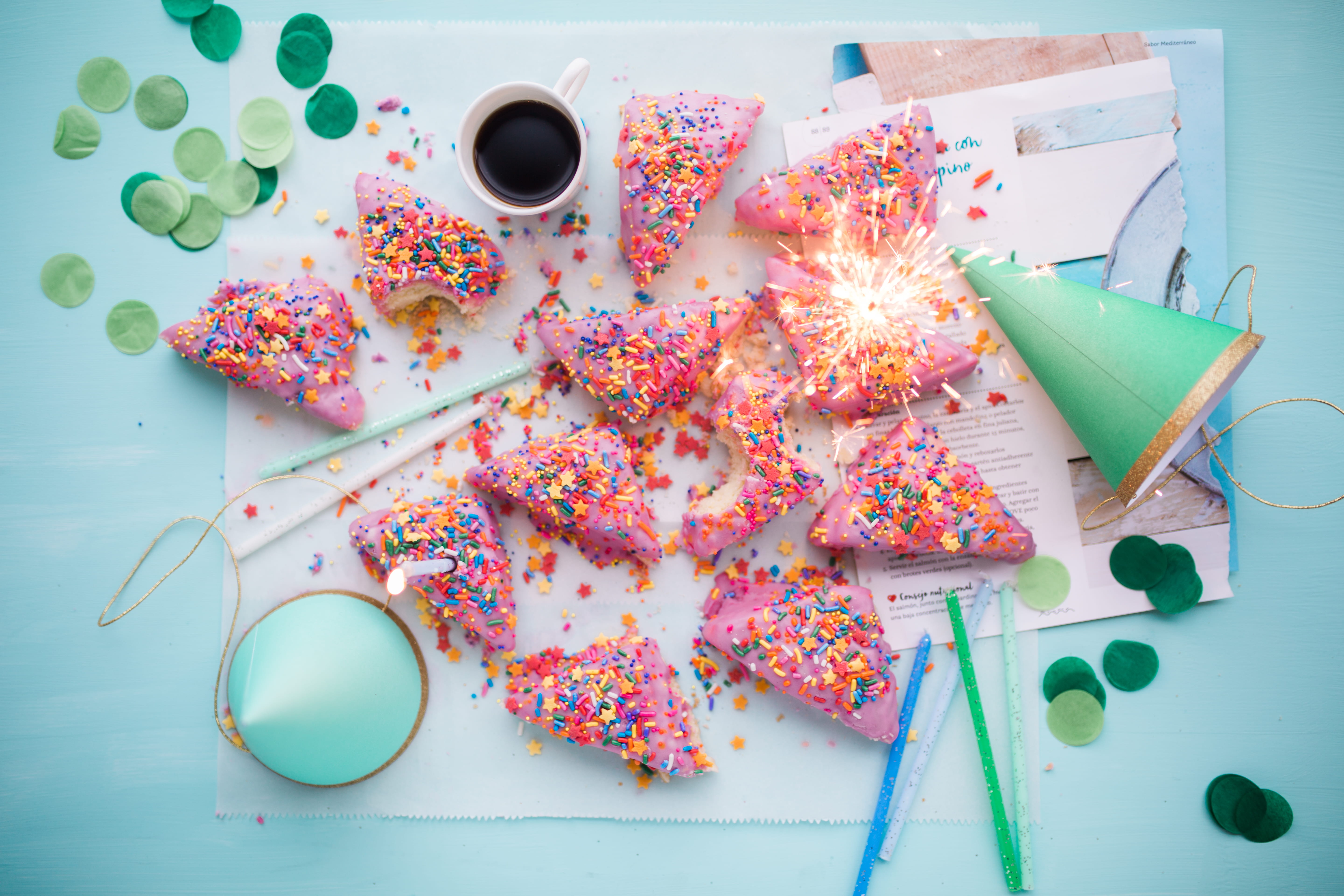 green, coffee cup, paper, two, scissors, indoors, 5K, slice, food, still life, floral pattern, straw, spark, celebration, pattern, cup, multi colored, HD Wallpaper