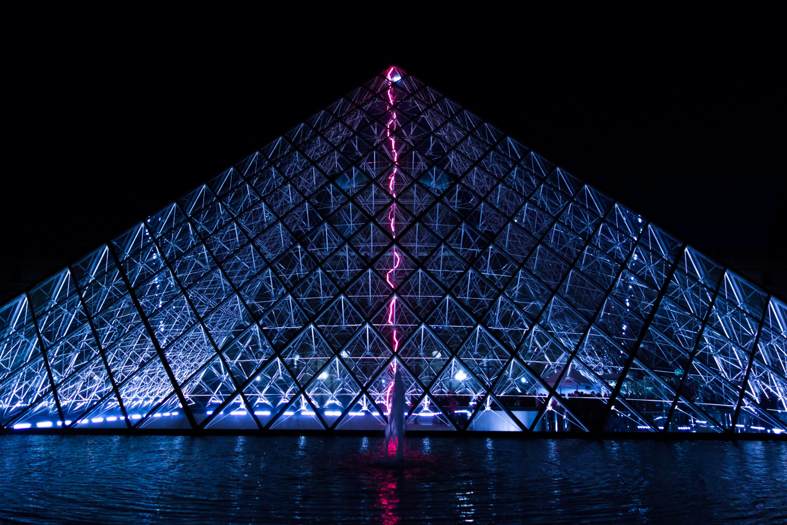glass, no people, blue, paris, transportation, france, reflection, 2K, pyramid shape, tourism, modern, waterfront, louvre, triangle shape, nature, outdoors, HD Wallpaper