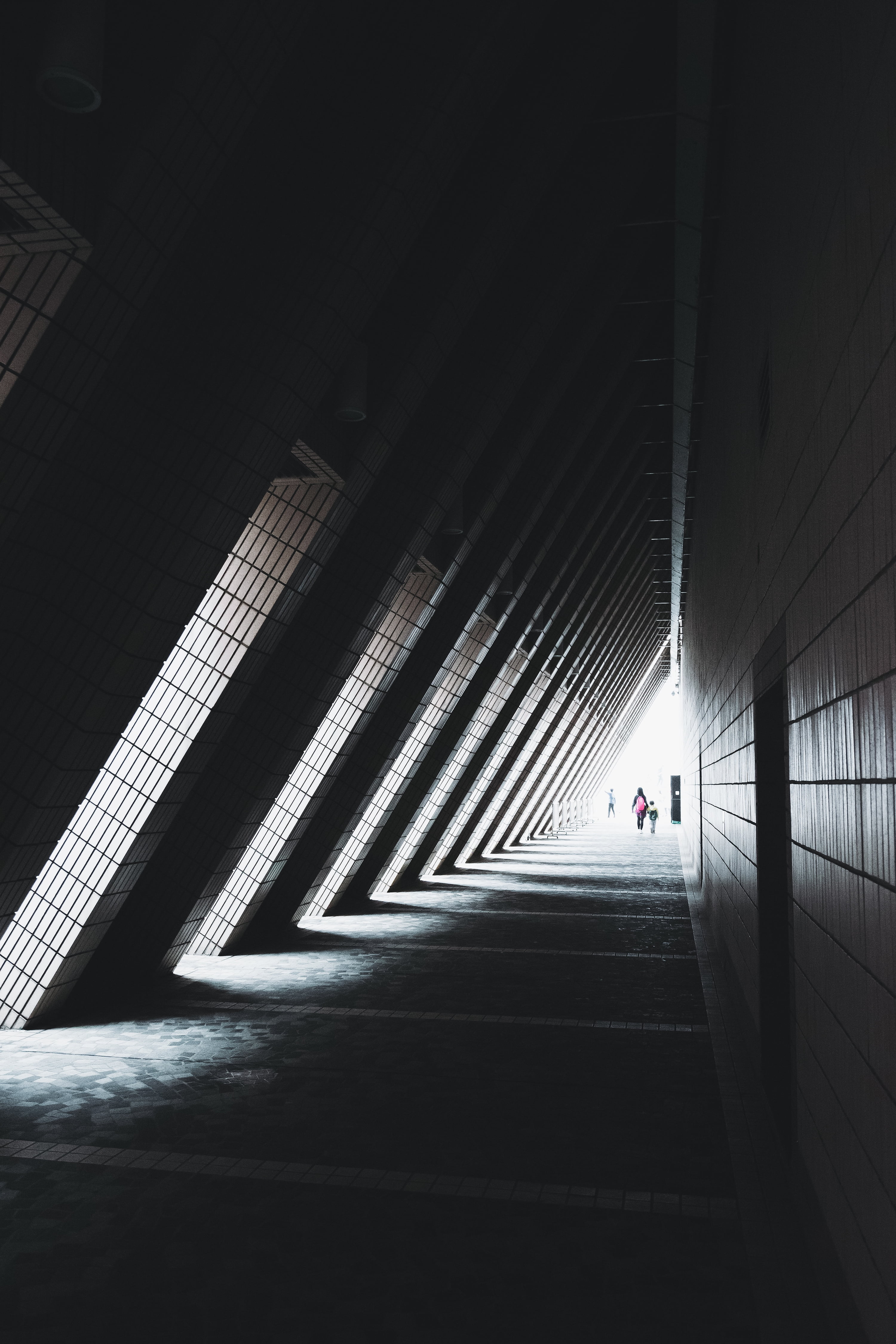 building, one person, incidental people, lighting equipment, tunnel, ceiling, built structure, architecture, the way forward, 4K, day, staircase, light at the end of the tunnel, Phone HD Wallpaper