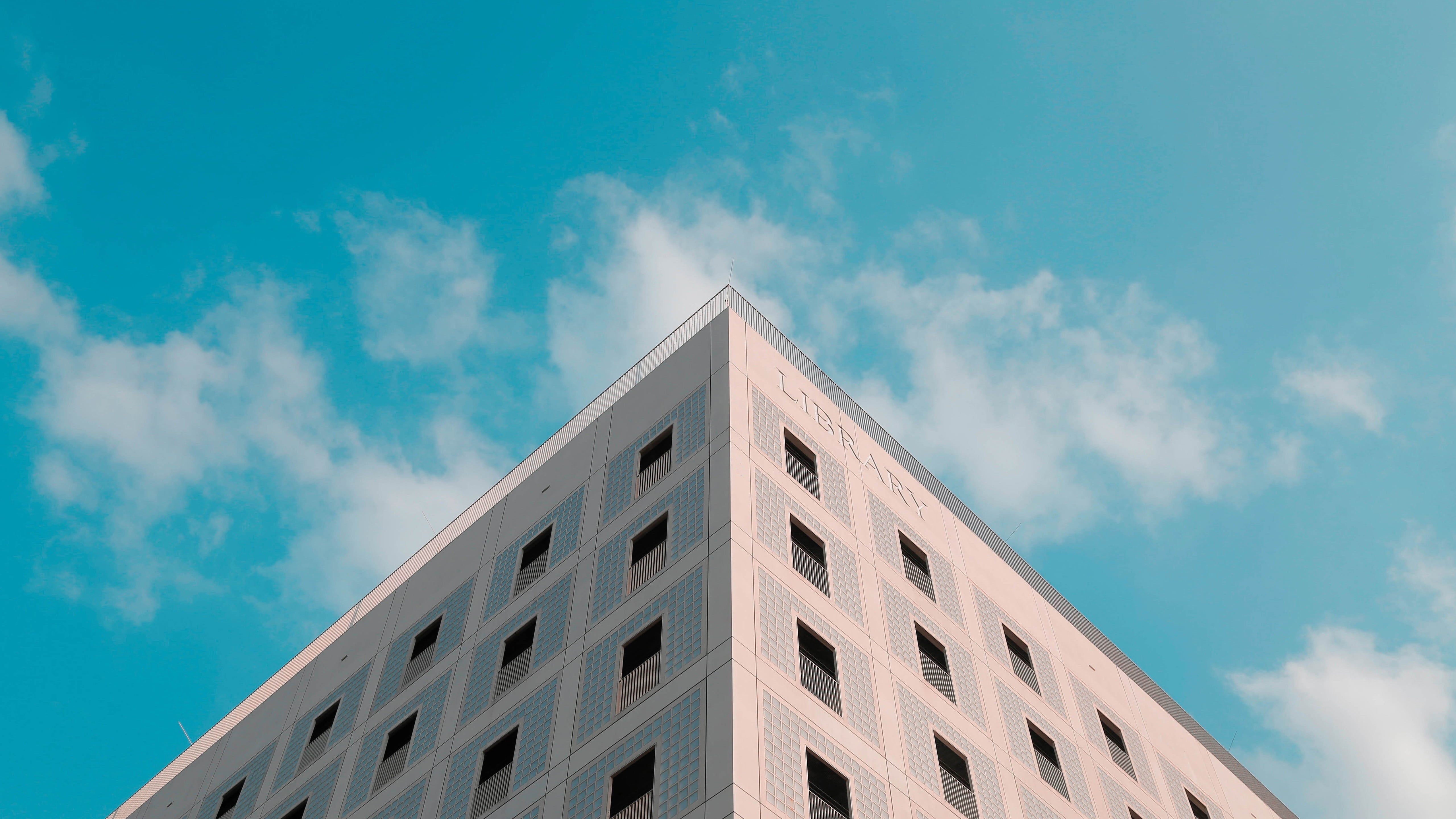blue sky and white clouds, sunlight, architecture, city, low angle view, tower, copy space, directly below, 5K, outdoors, built Structure, day, cloudscape, HD Wallpaper