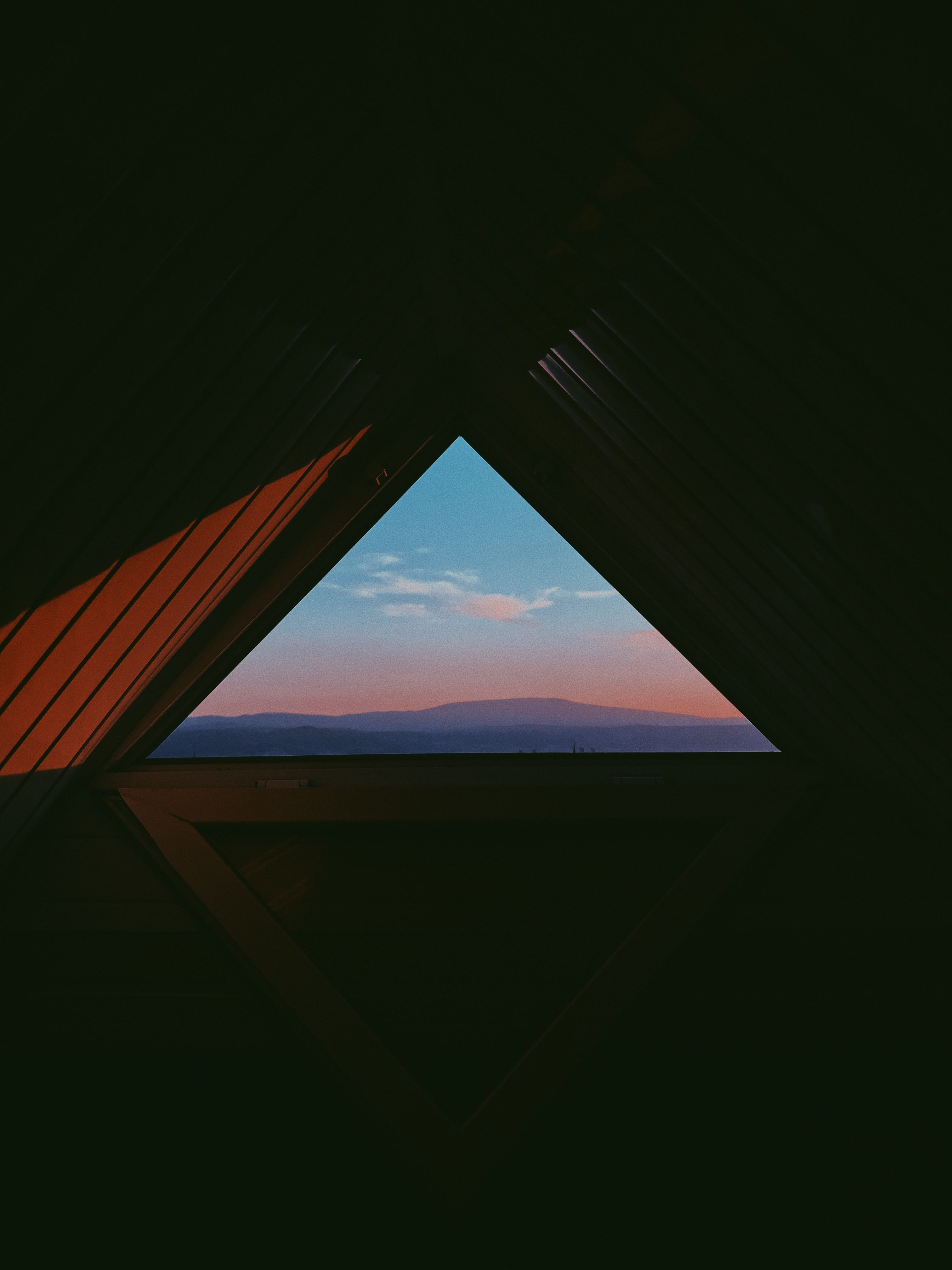 4K, geometric shape, copy space, ceiling, tranquility, sky, cloud - sky, silhouette, beauty in nature, sunset, nature, triangular, indoors, building, pathway, Phone HD Wallpaper