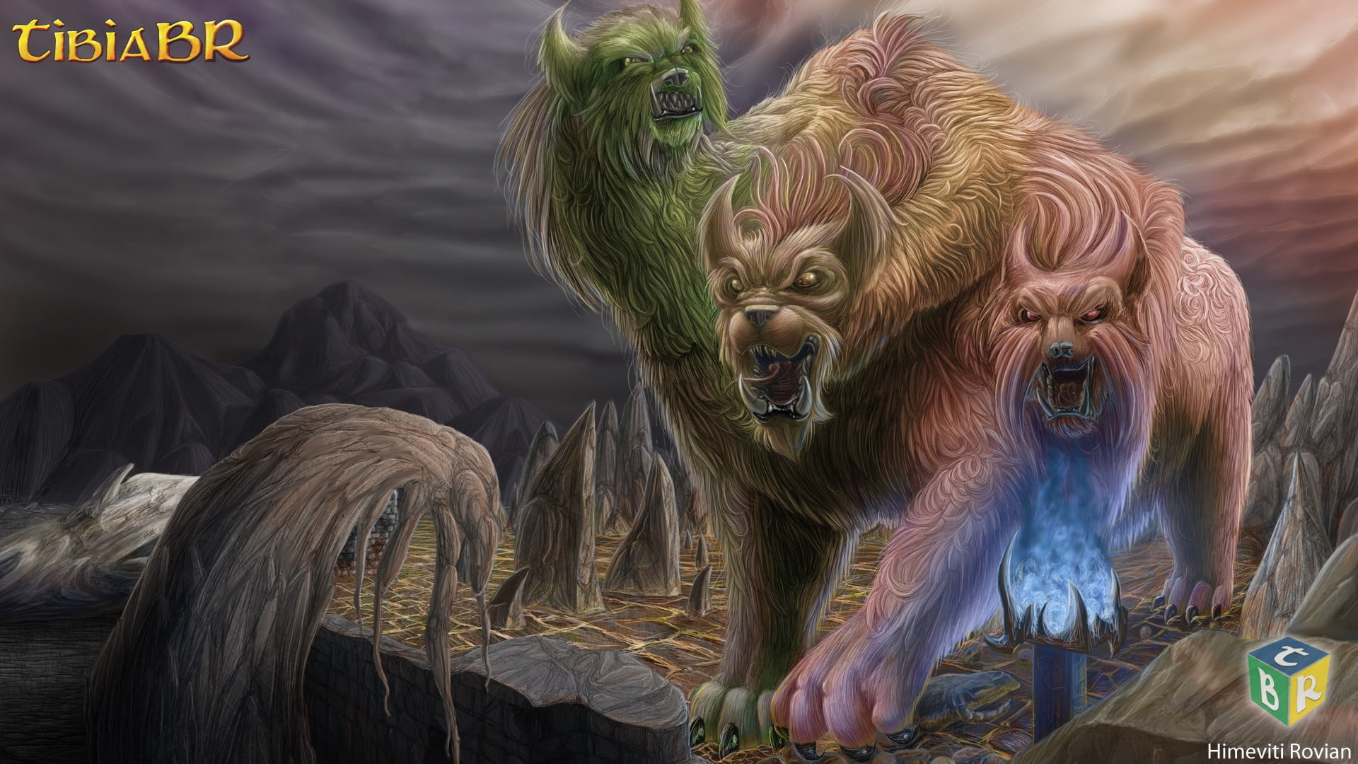 sculpture, art, mammal, 1080P, RPG, representation, domestic animals, outdoors, PC gaming, cerberus, mouth open, vertebrate, religion, creature, day, Tibia, HD Wallpaper