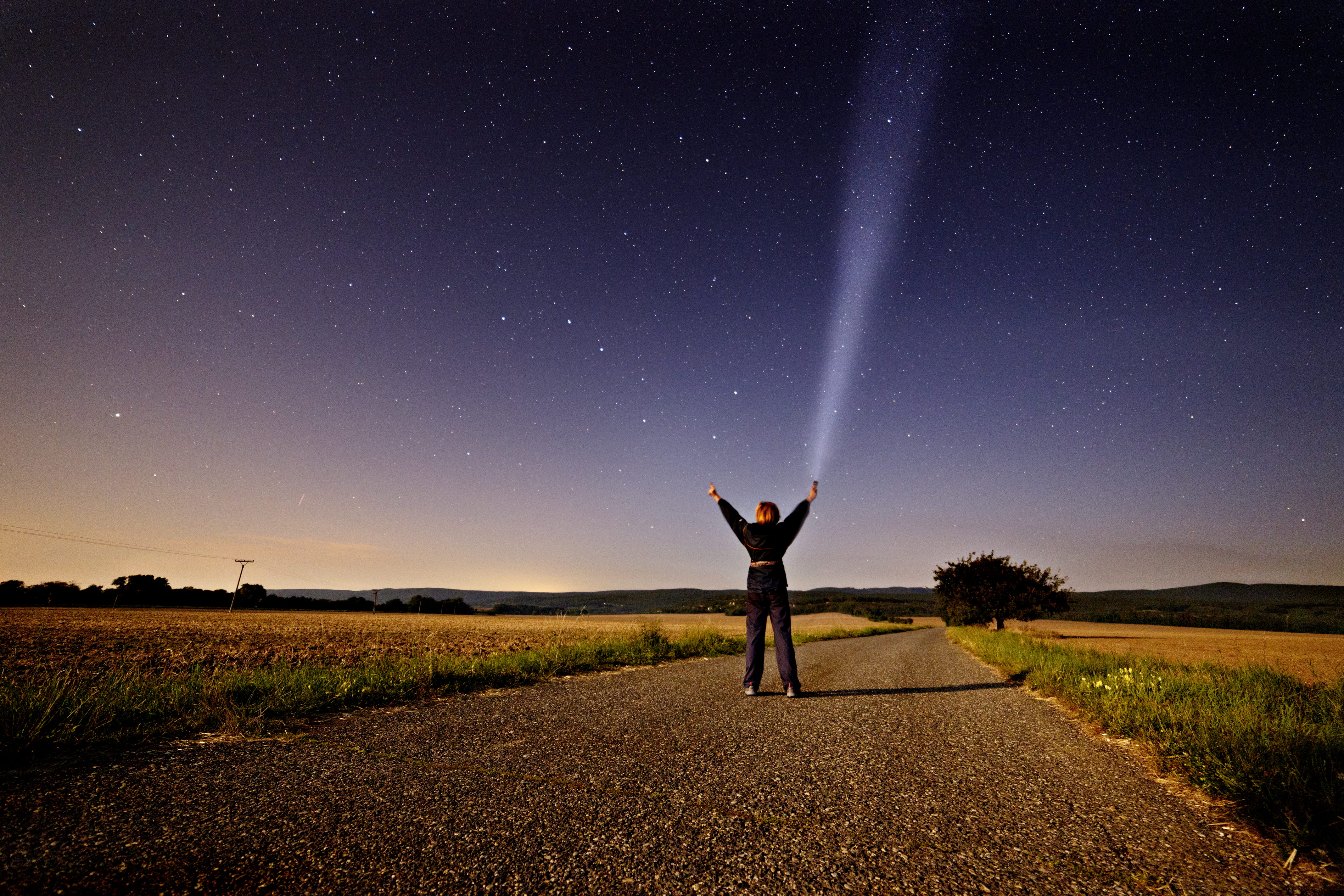 stand, human limb, two, full length, one person, space, landscape, scenics - nature, sky, person, flashlight, near, standing, grass, sunrise, night, gray, HD Wallpaper