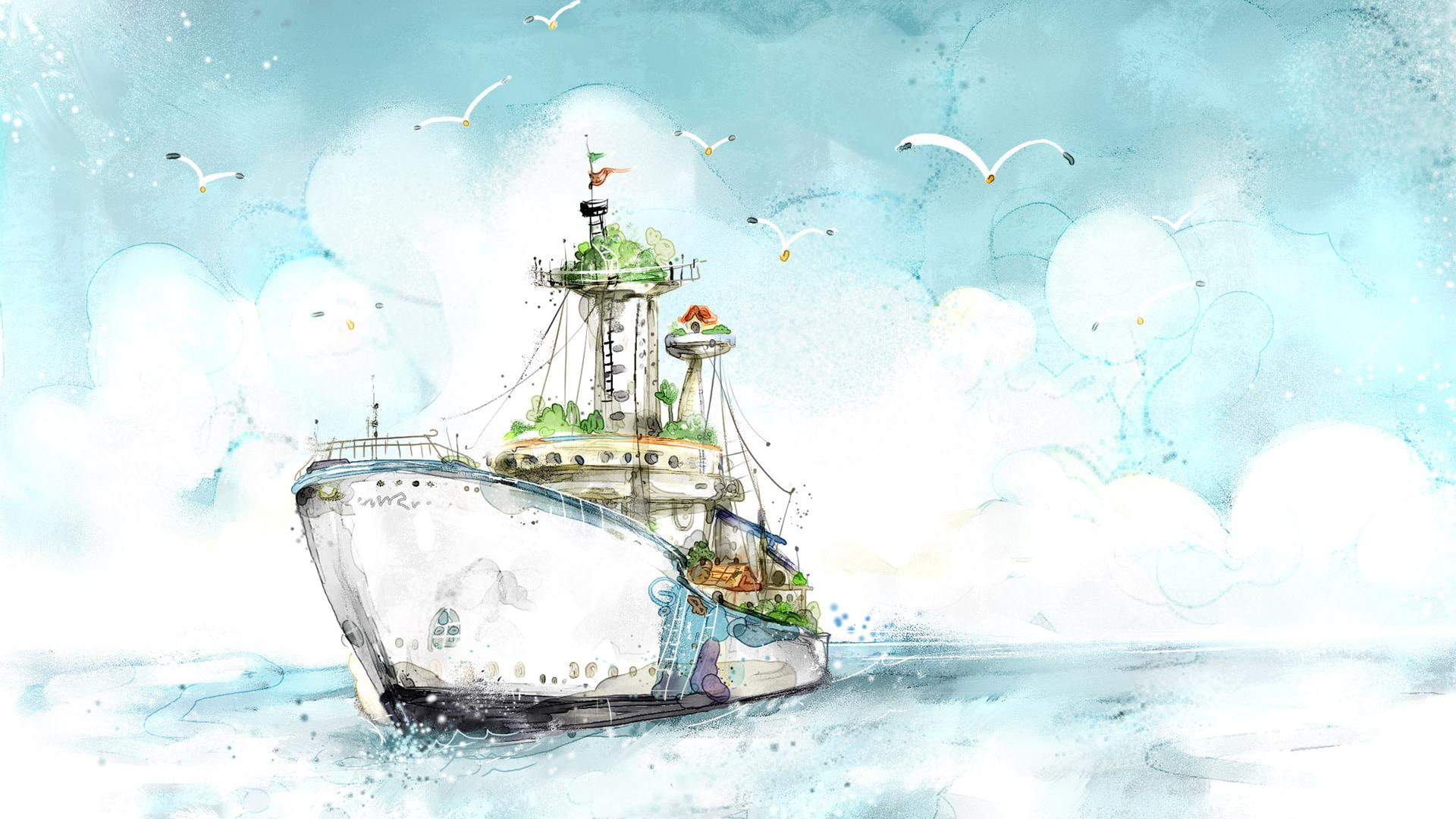 1080P, drawing, seagulls, ship, digital/artwork, hd, birds, HD Wallpaper