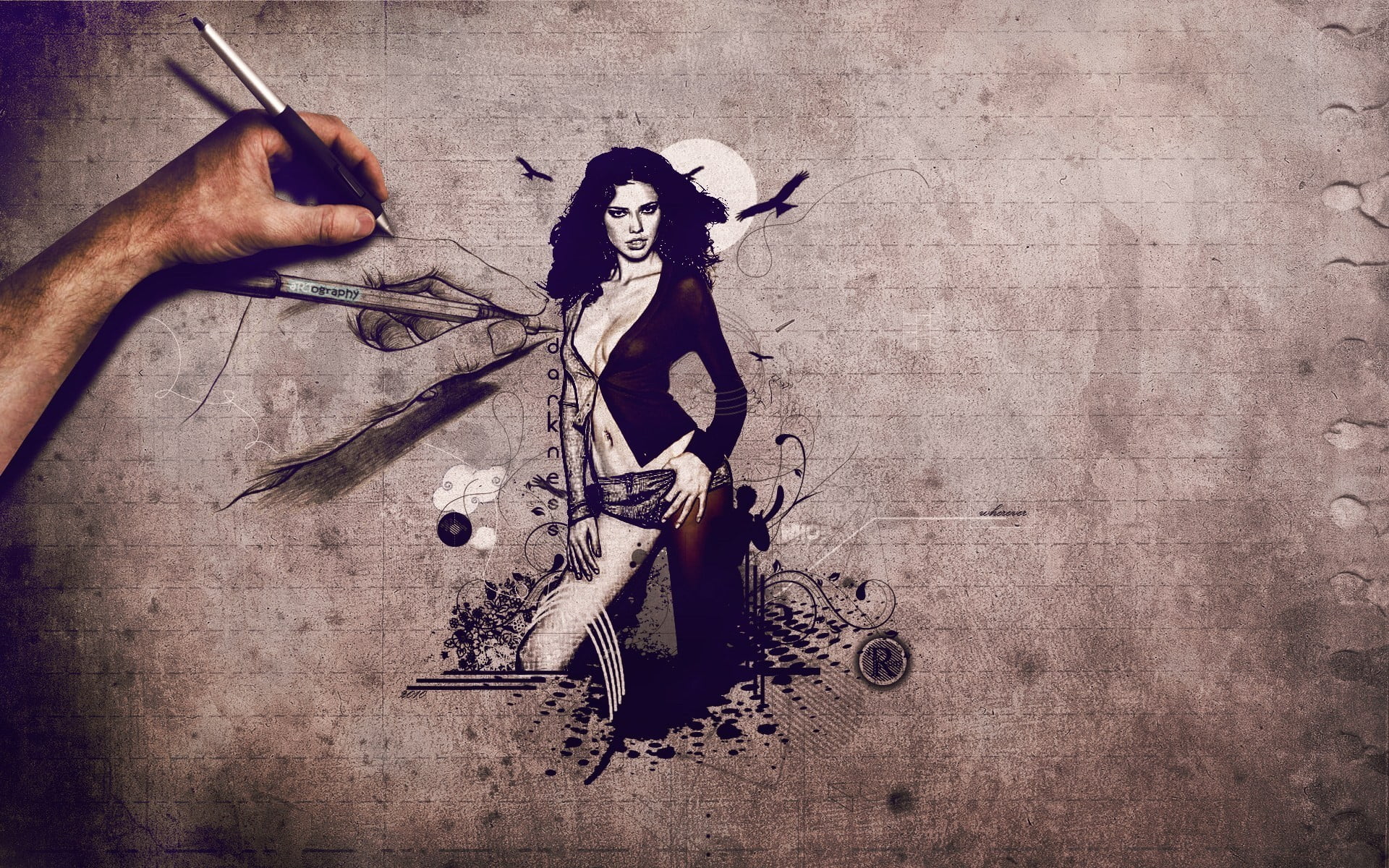selective coloring, birds, long hair, Sun, lifestyles, high angle view, hands, digital art, face, drawing, people, representation, open mouth, human representation, HD Wallpaper