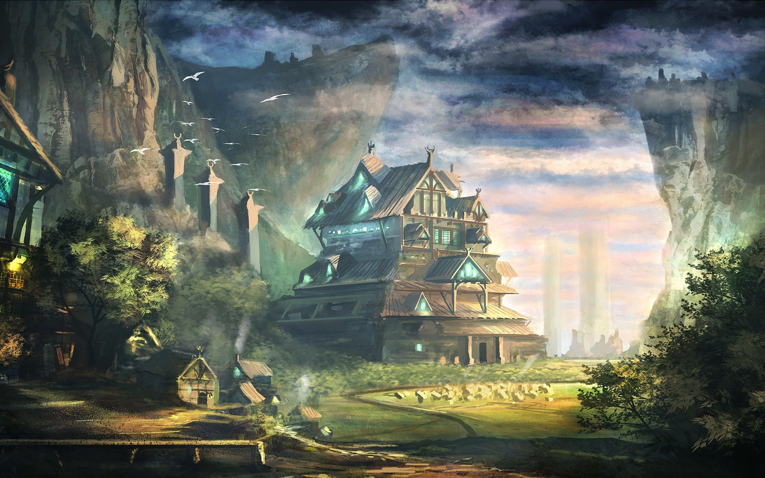 Art, castle, Mountains, Birds, 2K, Valley, House, Painting, Hometown, illustration, HD Wallpaper