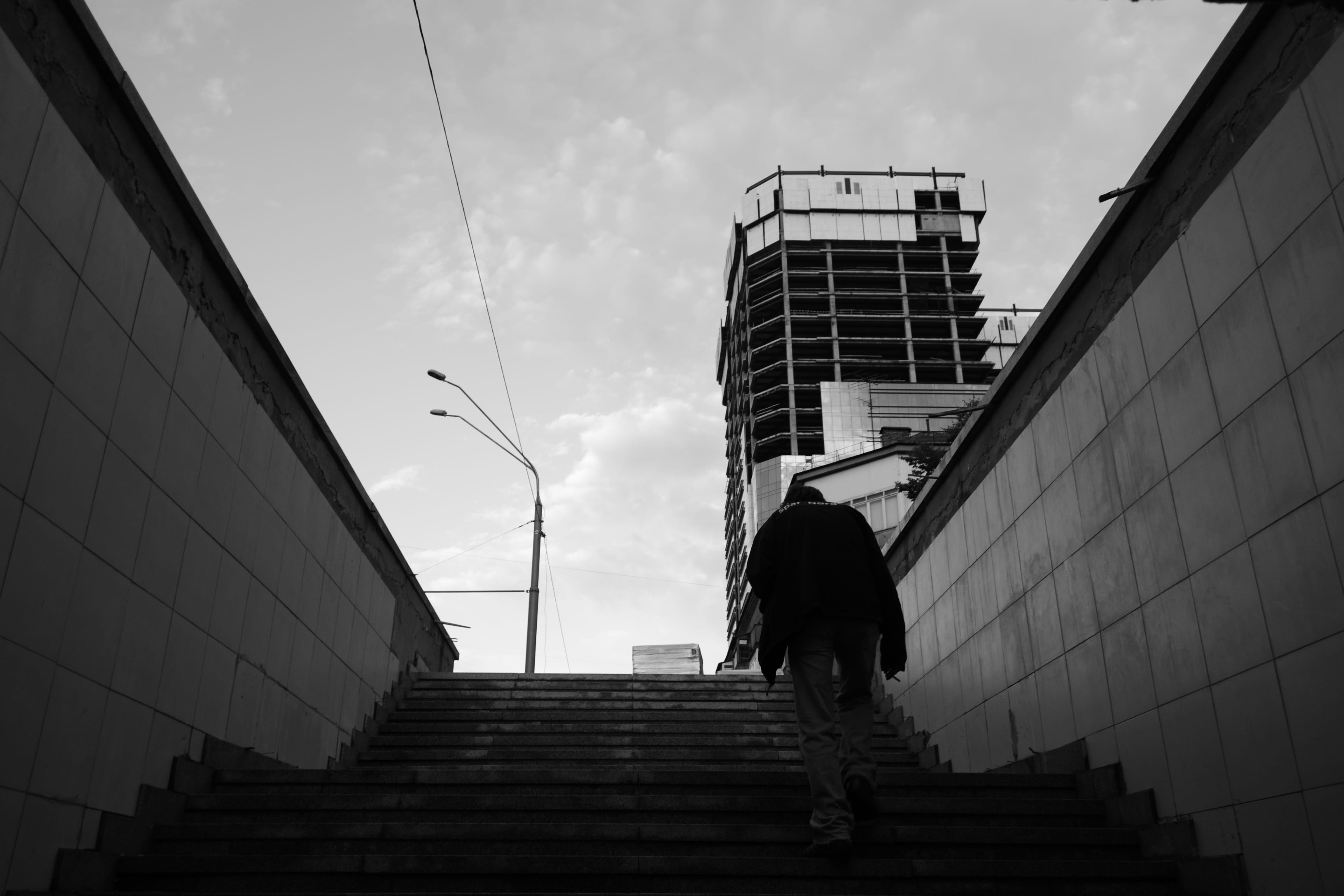 street, underground, building, going up, urban, kyiv, office building exterior, out, man, real people, nature, 4K, low angle view, architecture, city planning, HD Wallpaper