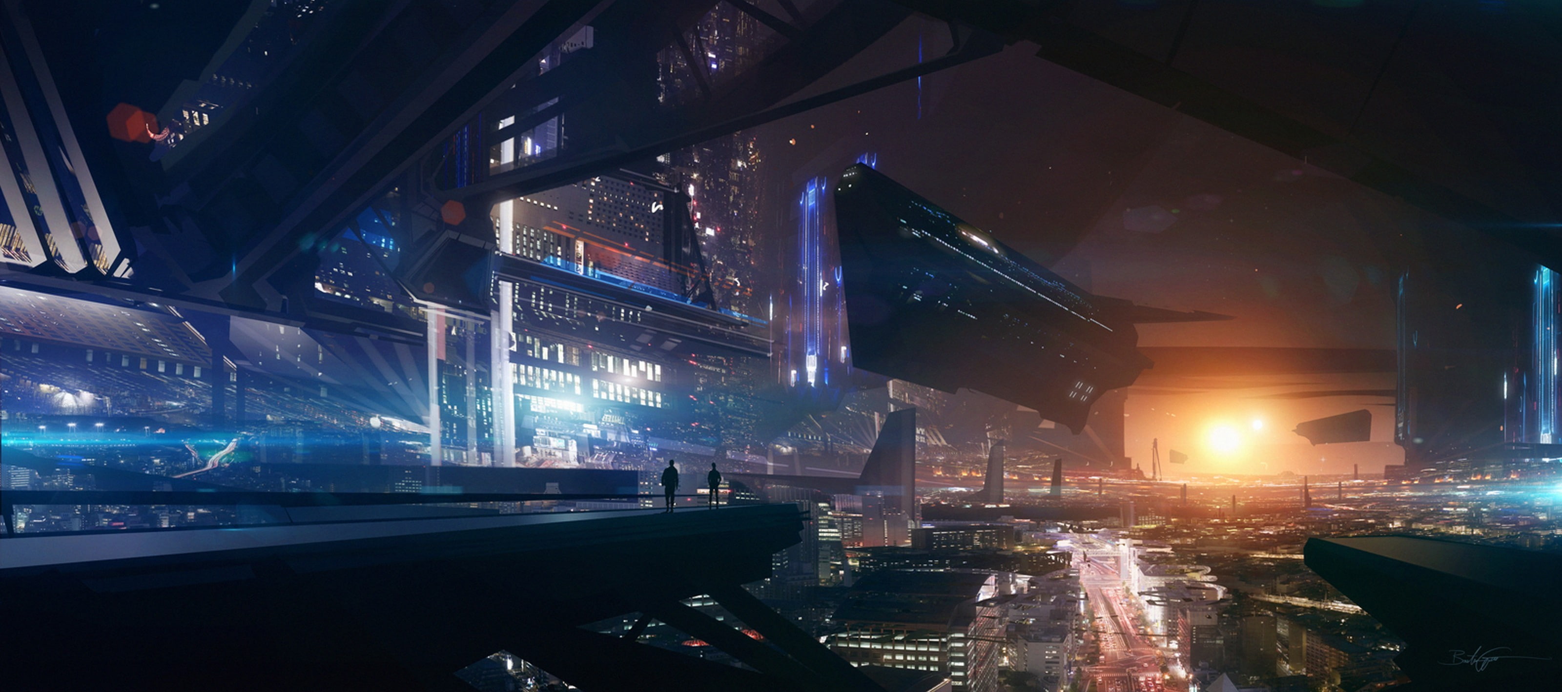 science fiction, spaceship, city, space, lights, future area, 2K, people, road, HD Wallpaper