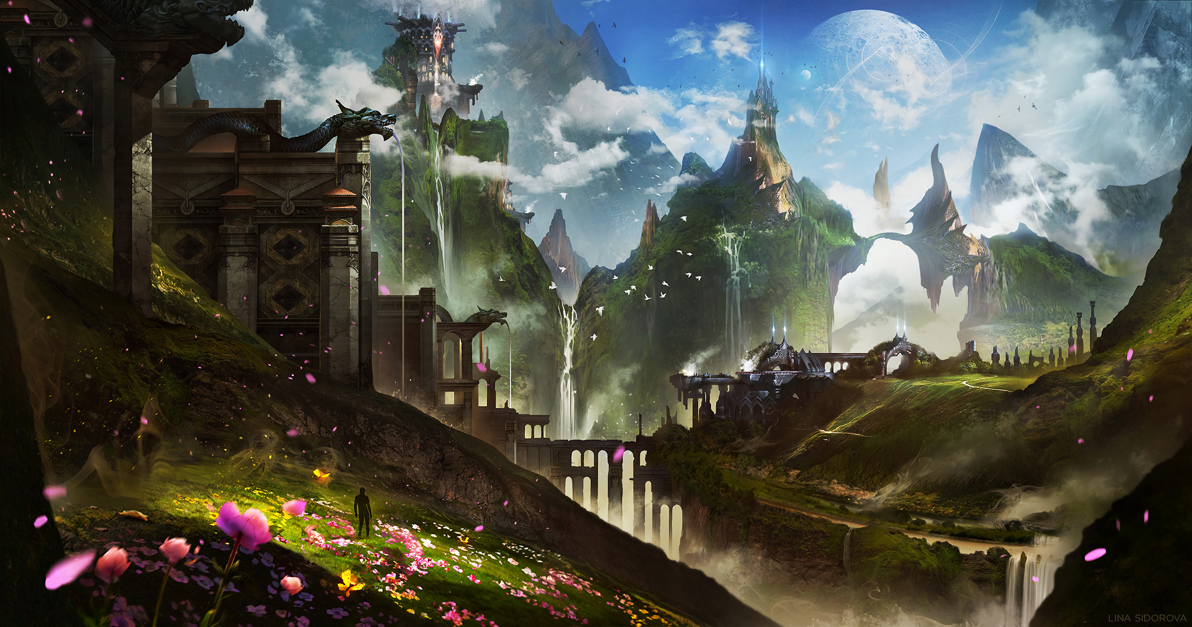 spirituality, cloud - sky, built structure, mountains, flowering plant, the past, art, architecture, belief, city, futurism, building, plant, 4K, sky, HD Wallpaper