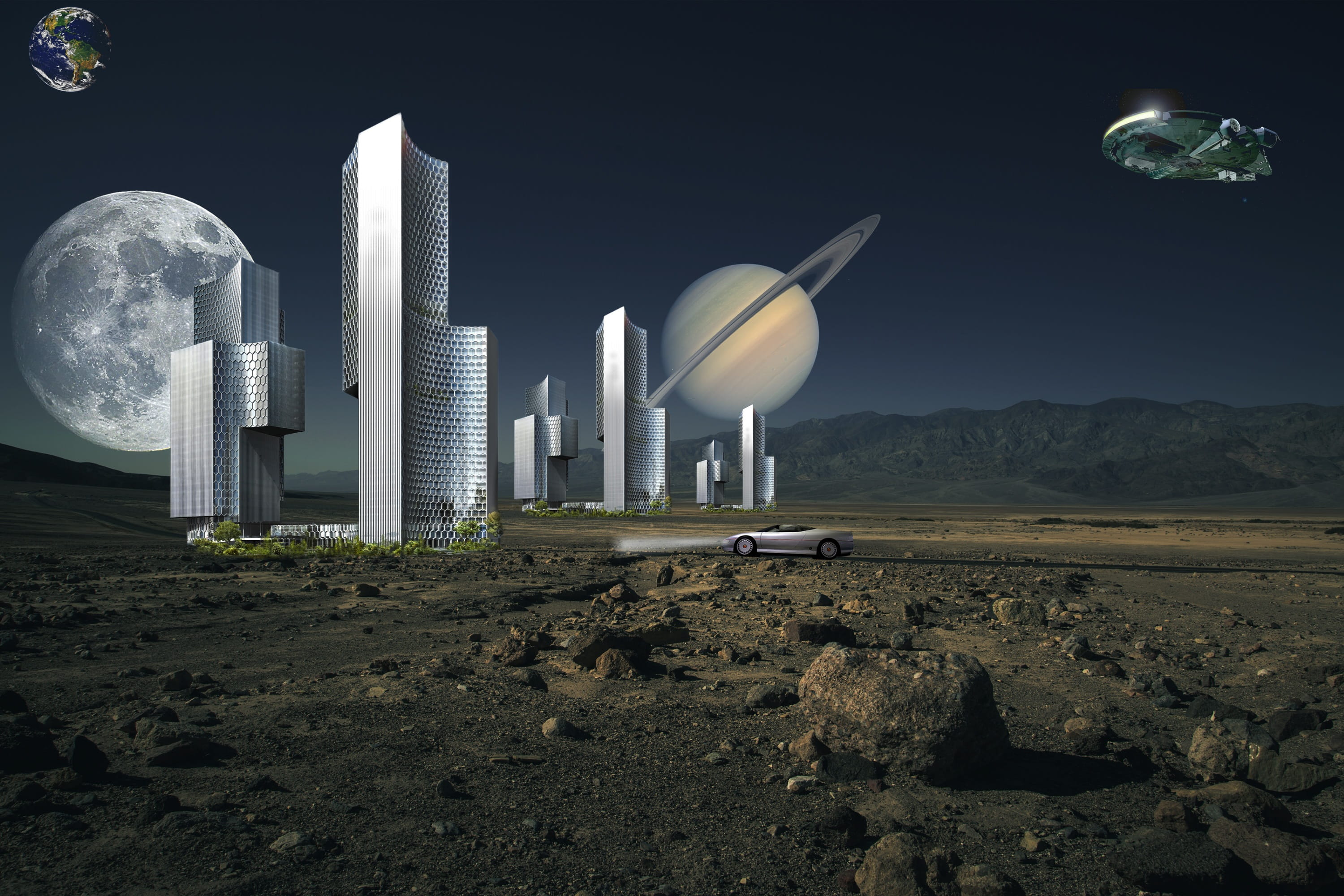 earth, field, no people, built structure, night, rock, modern, rock - object, tall - high, science, digital composite, land, space, 2K, environment, nature, HD Wallpaper
