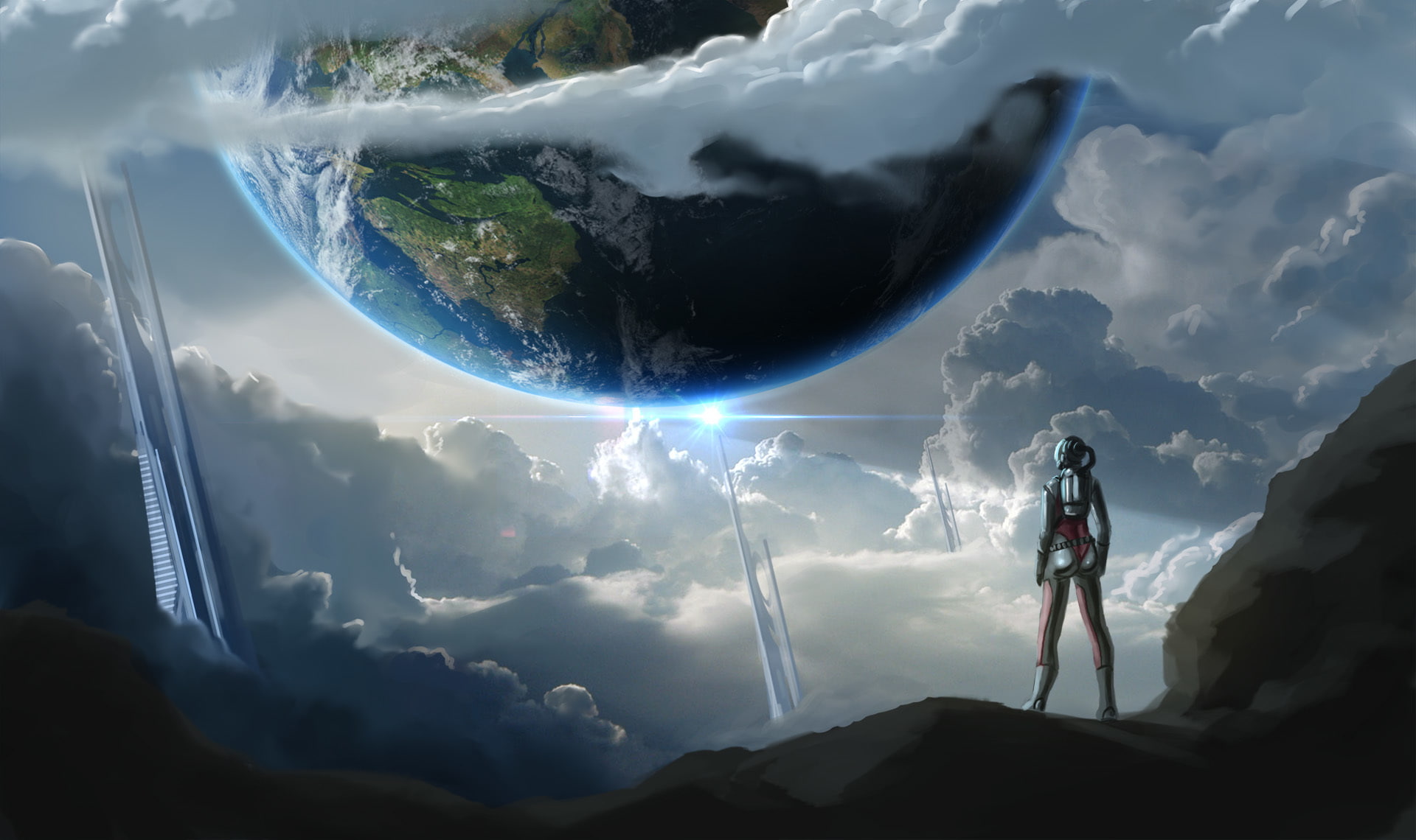 futuristic, character, real people, imagination, men, lens flare, cloudscape, adventure, high Up, mountain, tranquility, anime, Sci-fi, extreme Sports, HD Wallpaper