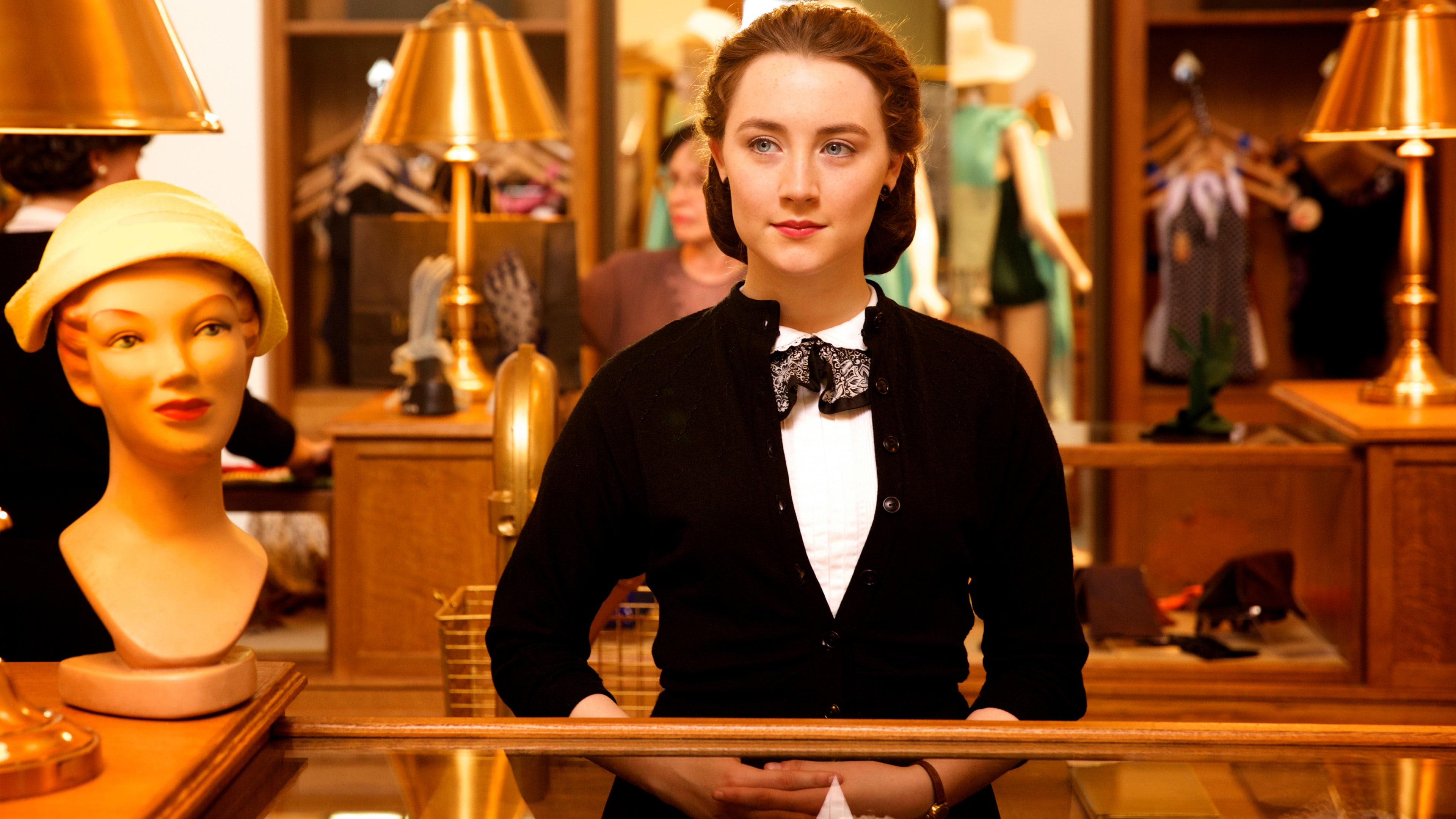 woman, jacket, black, Oscar, Brooklyn, standing, suit, 4K, Academy Awards, front, cabinet, display, Saoirse Ronan, HD Wallpaper