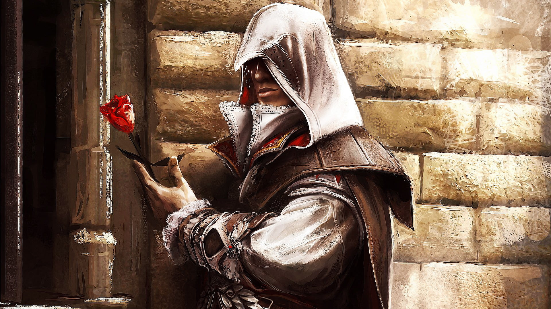 wall - building feature, red, stem, representation, architecture, real people, day, built structure, outdoors, 1080P, holding, Assassins Creed, obscured face, HD Wallpaper