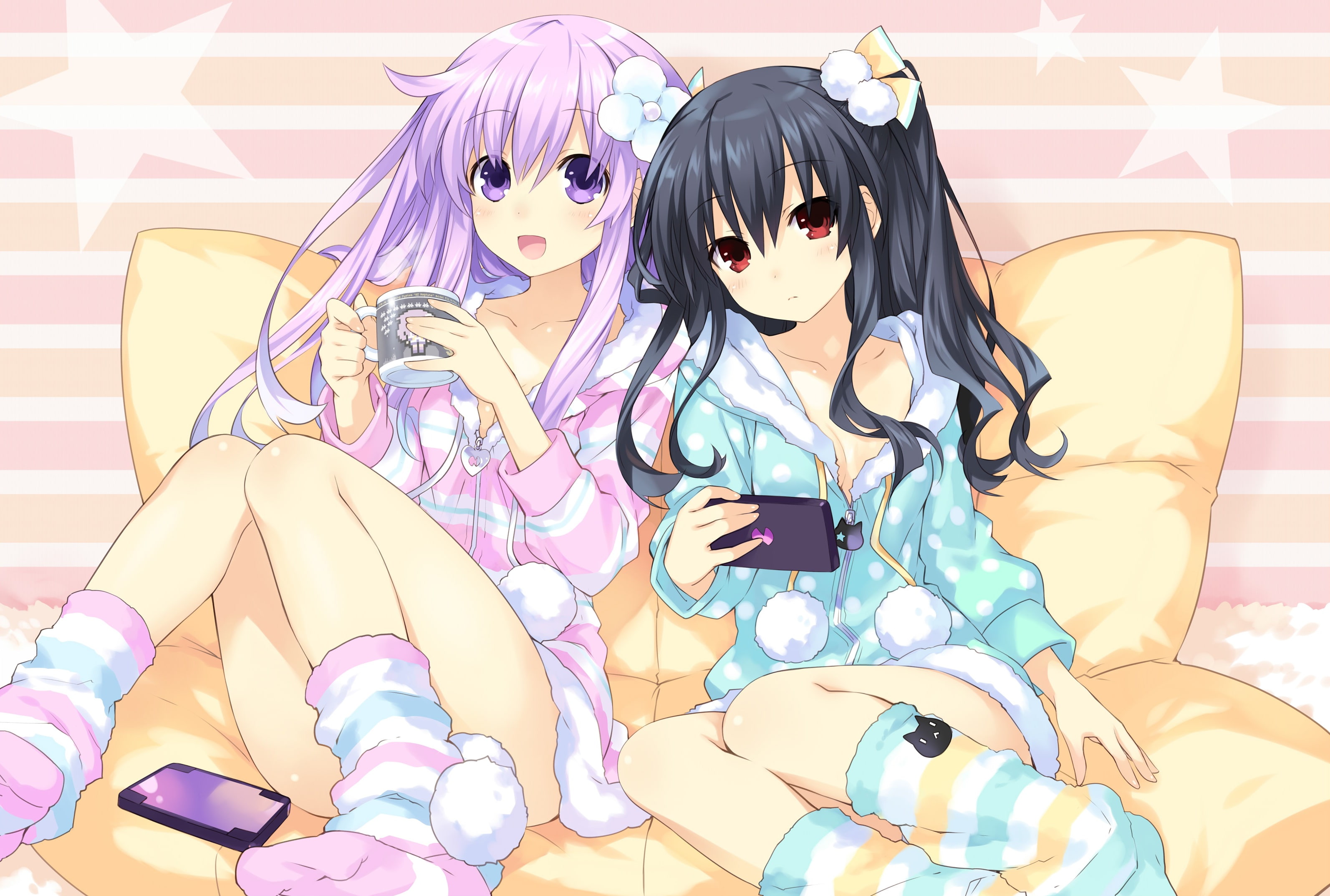 neptunia, hyperdimension, 2K, black, eyes, purple, hair, hoodie, drink, red, nepgear, konachan, console, long, 2girls, game, com, 258272, tsunako, HD Wallpaper