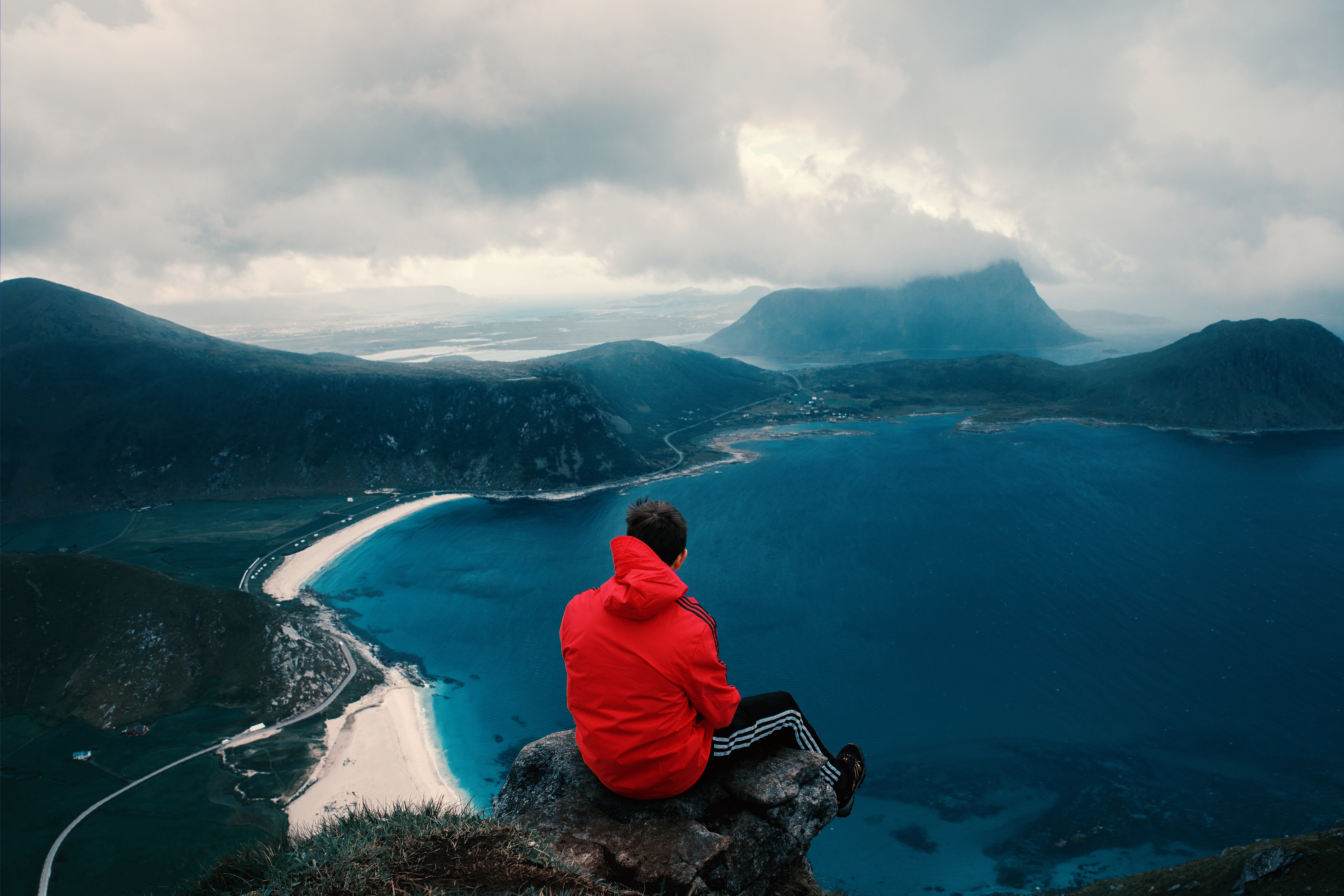 non-urban scene, scenics - nature, pants, lake, mountain, man, red, leisure activity, tranquil scene, rear view, sitting, beauty in nature, black, cloud - sky, HD Wallpaper