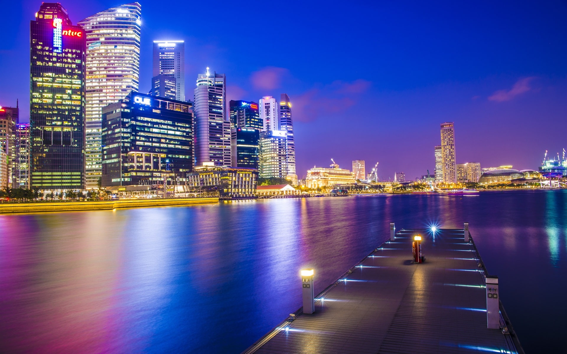 Night, Asia, Skyscrapers, Dock, 1080P, Lights, City, Singapore, HD Wallpaper
