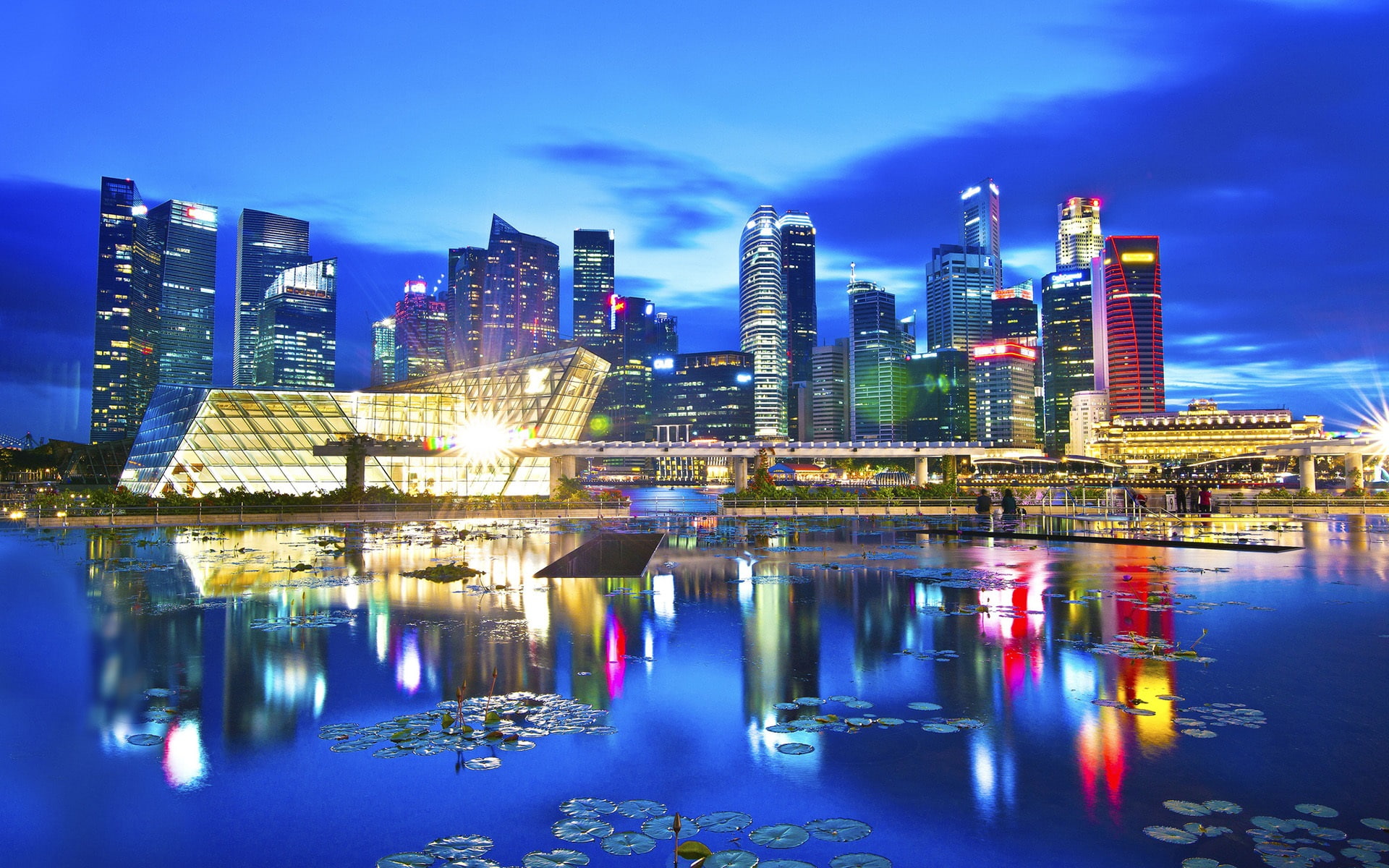 Travel, Lake, Skyscrapers, 1080P, Lights, City, Reflection, Singapore, Beautiful, Night, HD Wallpaper