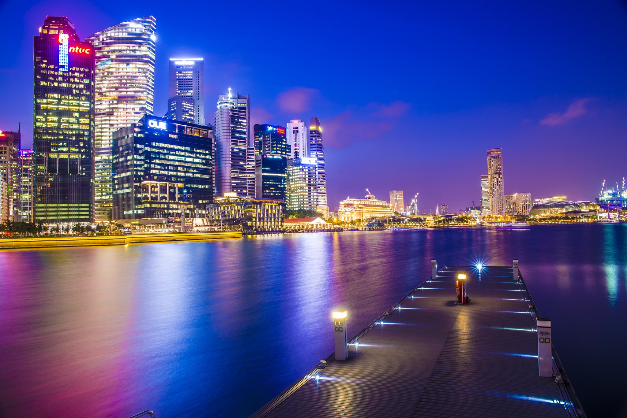 bay, 1080P, Skyscrapers, lights, pier, high-rise, house, photo, Asia, Night, dock, rise, Buildings, high, building, evening, Singapore, city, HD Wallpaper