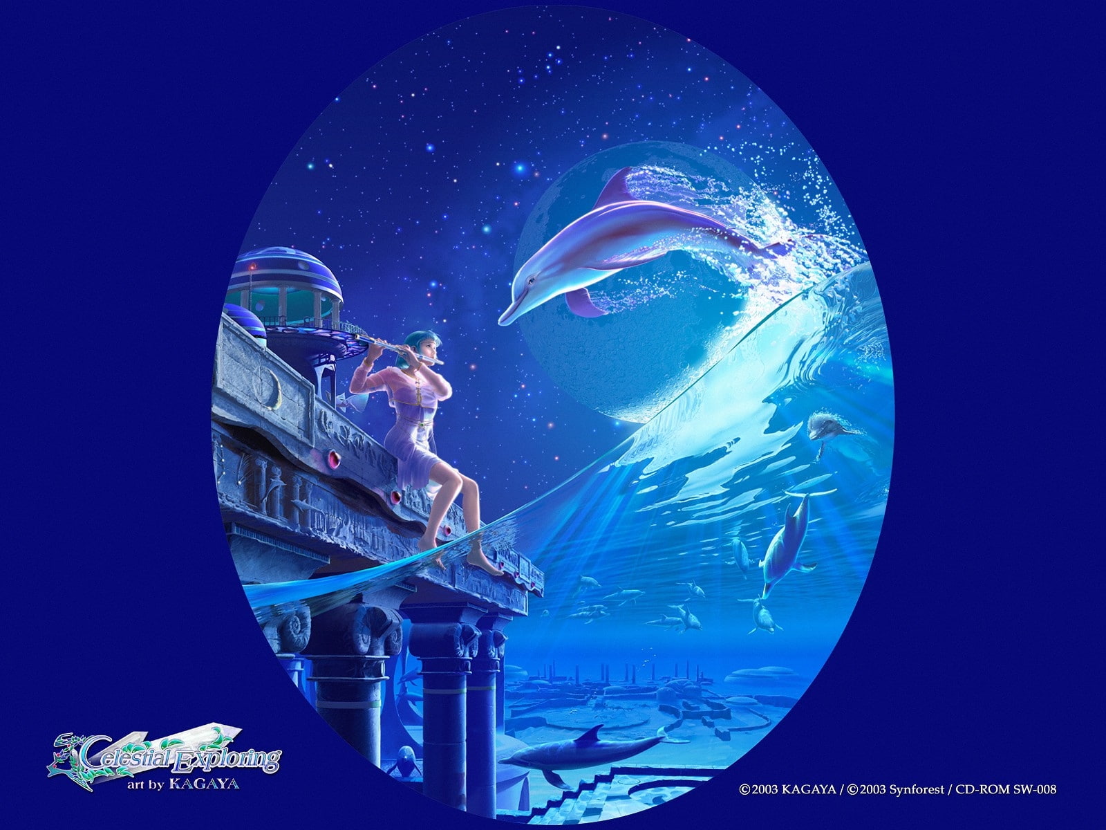 exploring, kagaya, art, dolphins, anime, animals, hd, 720P, underwater, Blue, celestial, yutaka, HD Wallpaper