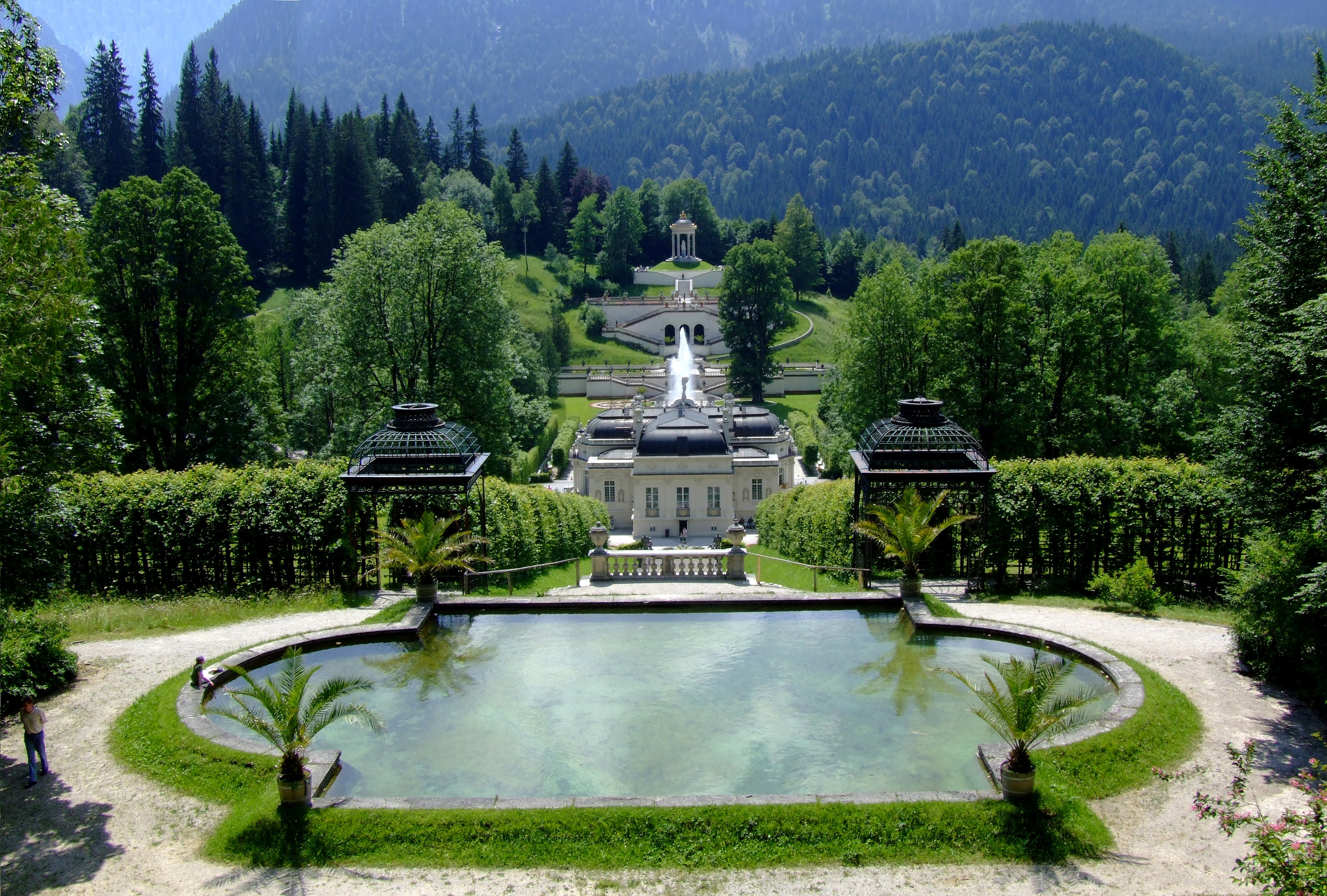no people, romance, rococo, day, built structure, castle, linderhof palace, schlossgarten, nature, tree, tranquility, bavaria, daytime, green, plant, mountain, HD Wallpaper