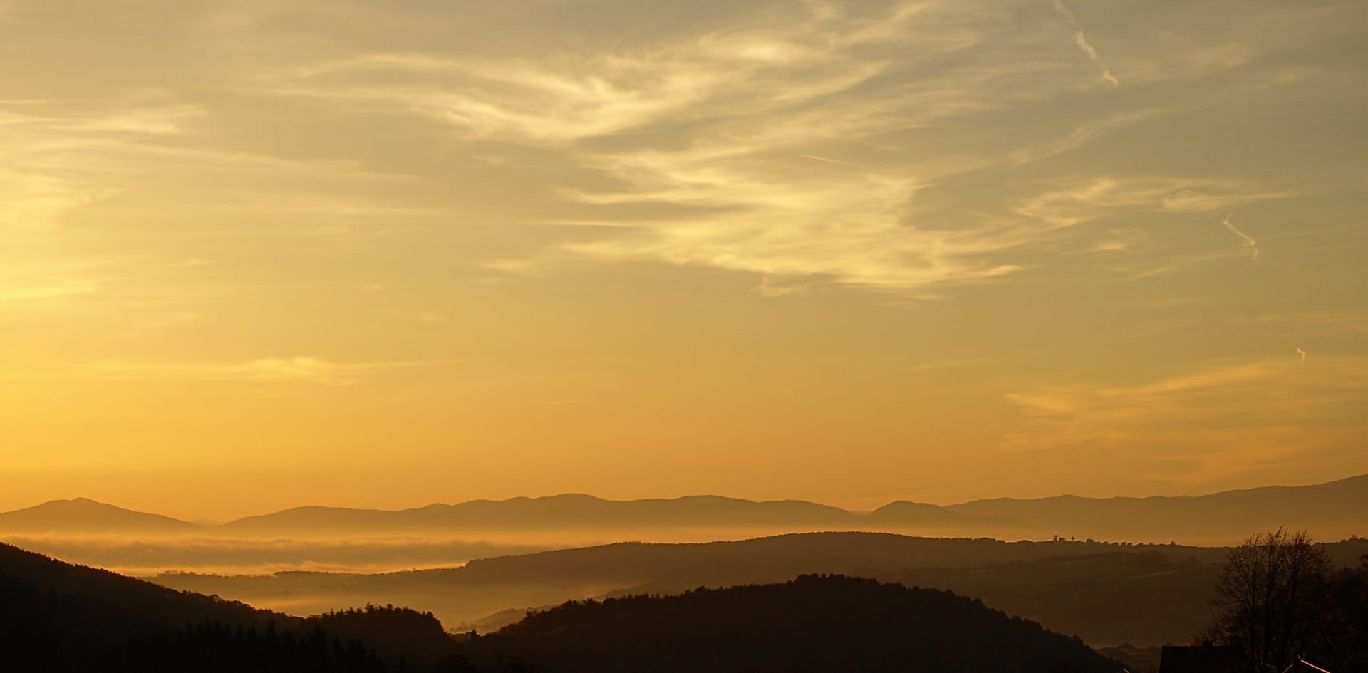 colors, fog, sky, mountain peak, tranquility, poland, 1080P, beskids, tranquil scene, silhouette, sunset, orange color, sunlight, non-urban scene, beauty in nature, HD Wallpaper