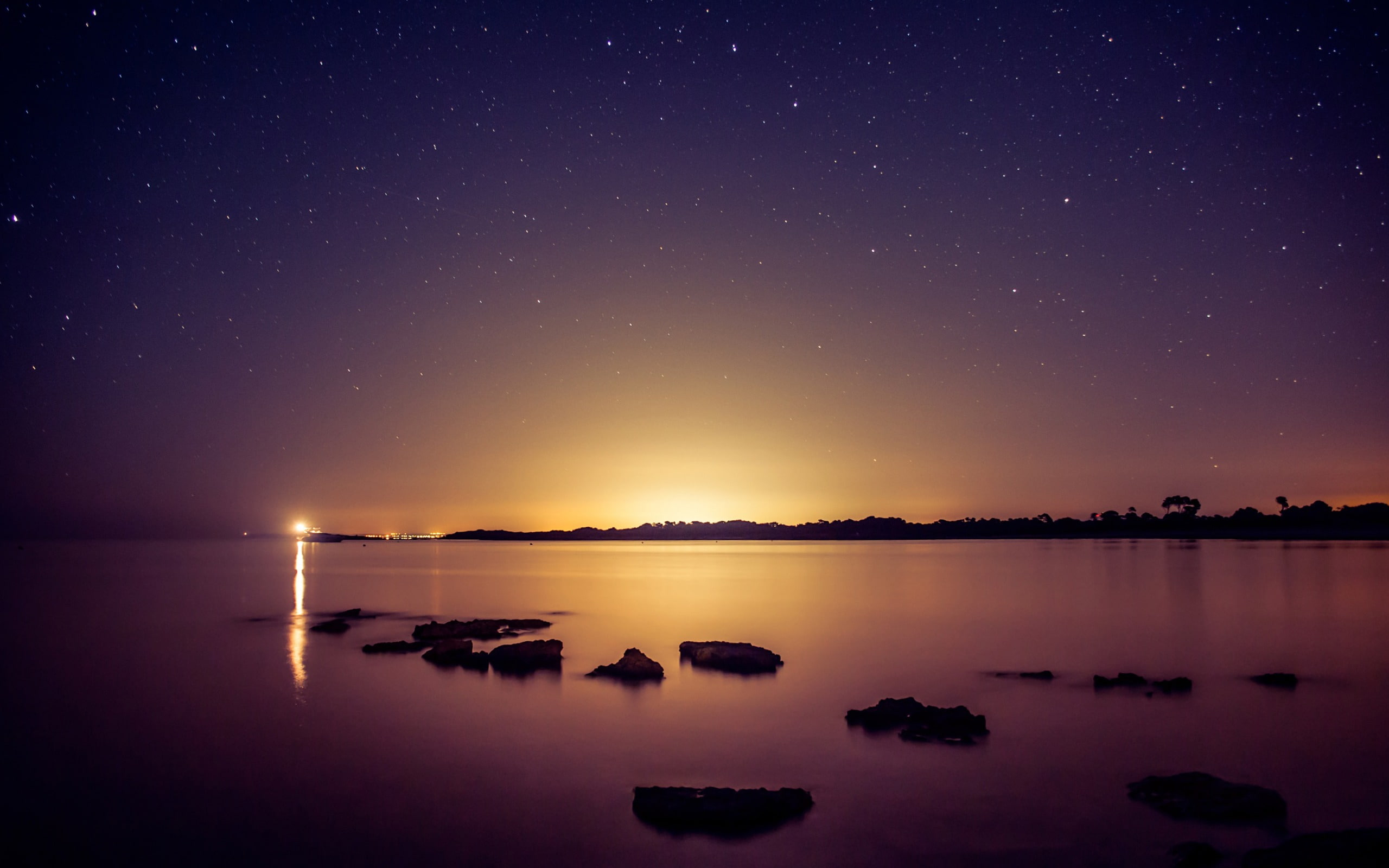 space, photo, star, astronomy, idyllic, night, hd, solid, tranquility, 2K, tranquil scene, rock - object, sea, sky, purple, no people, reflection, rock, HD Wallpaper