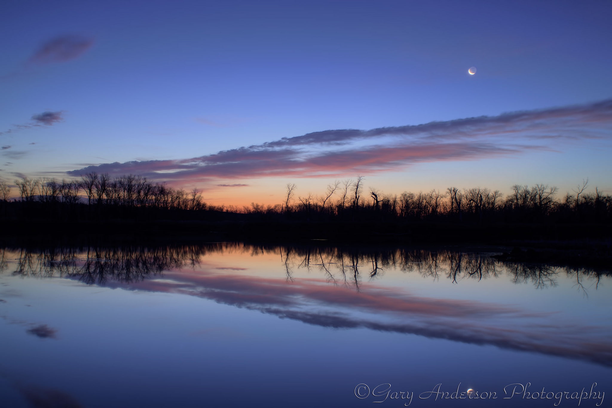 a month, 1080P, before the dawn, the moon, orange, clouds, surface, water, River, reflection, the sky, trees, blue, shore, HD Wallpaper