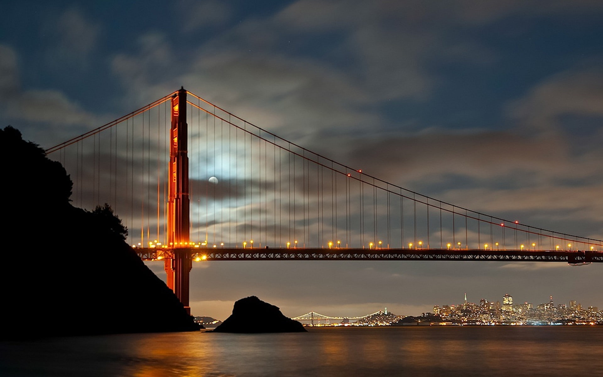 office building exterior, architecture, bridge, engineering, landscape, Moon, city, bridge - man made structure, San Francisco, waterfront, built structure, HD Wallpaper