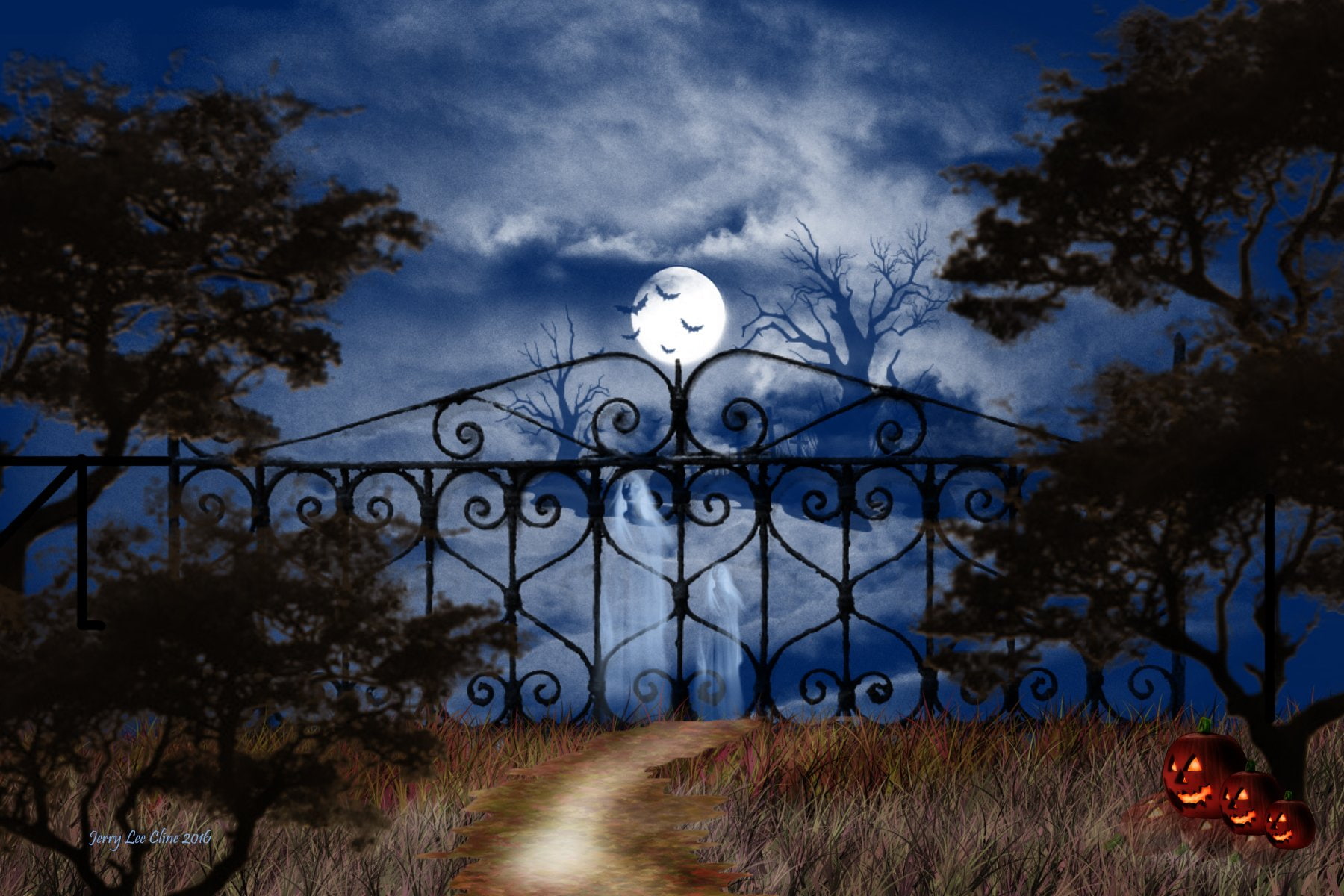 Moon, 720P, Halloween, Gate, Artistic, Night, Jack-o-lantern, Holiday, HD Wallpaper