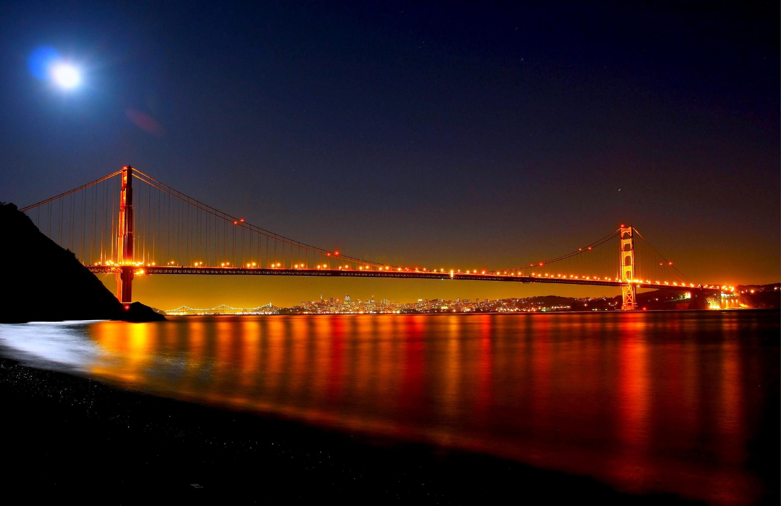 nature and landscapes, lights, night, light, golden gate, moon, bridge, beach, 2K, HD Wallpaper