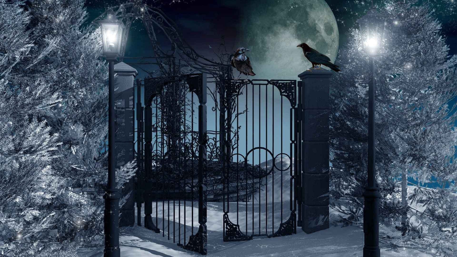 1080P, Gate, Artistic, Snow, Fantasy, Moon, Winter, Lantern, Tree, HD Wallpaper